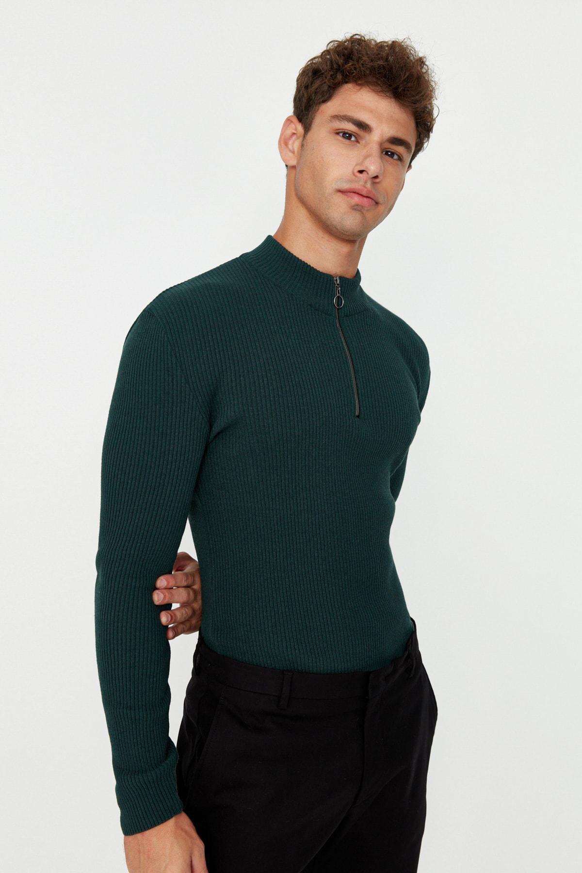 Green Fitted Standing Collar Sweater, , large image number 1