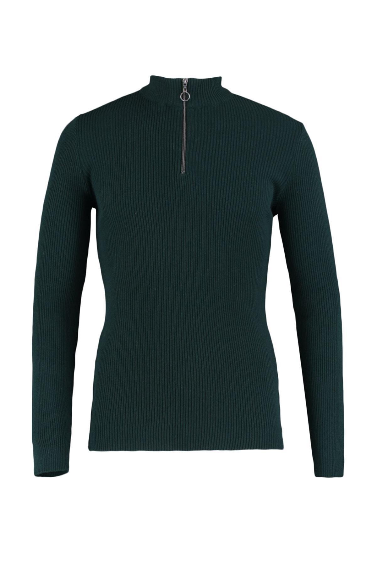 Green Fitted Standing Collar Sweater, , large image number 6