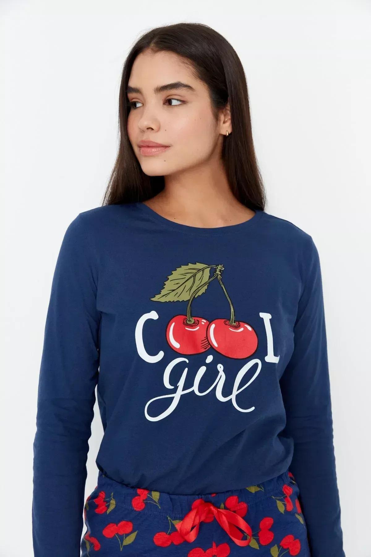 Navy Print Fitted Pajama Set, Dark blue, large image number 1