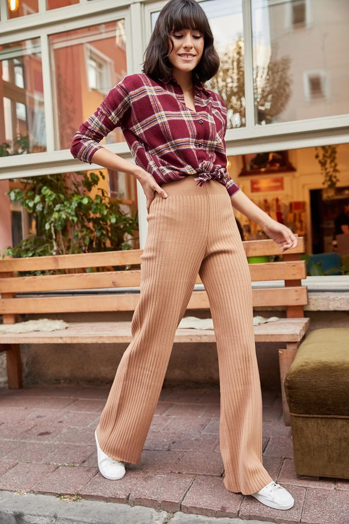 Womens Milky Brown Ribbed Thick Knitwear Pants PNT-19000055, Single, COFFEE WITH MILK, large image number 0