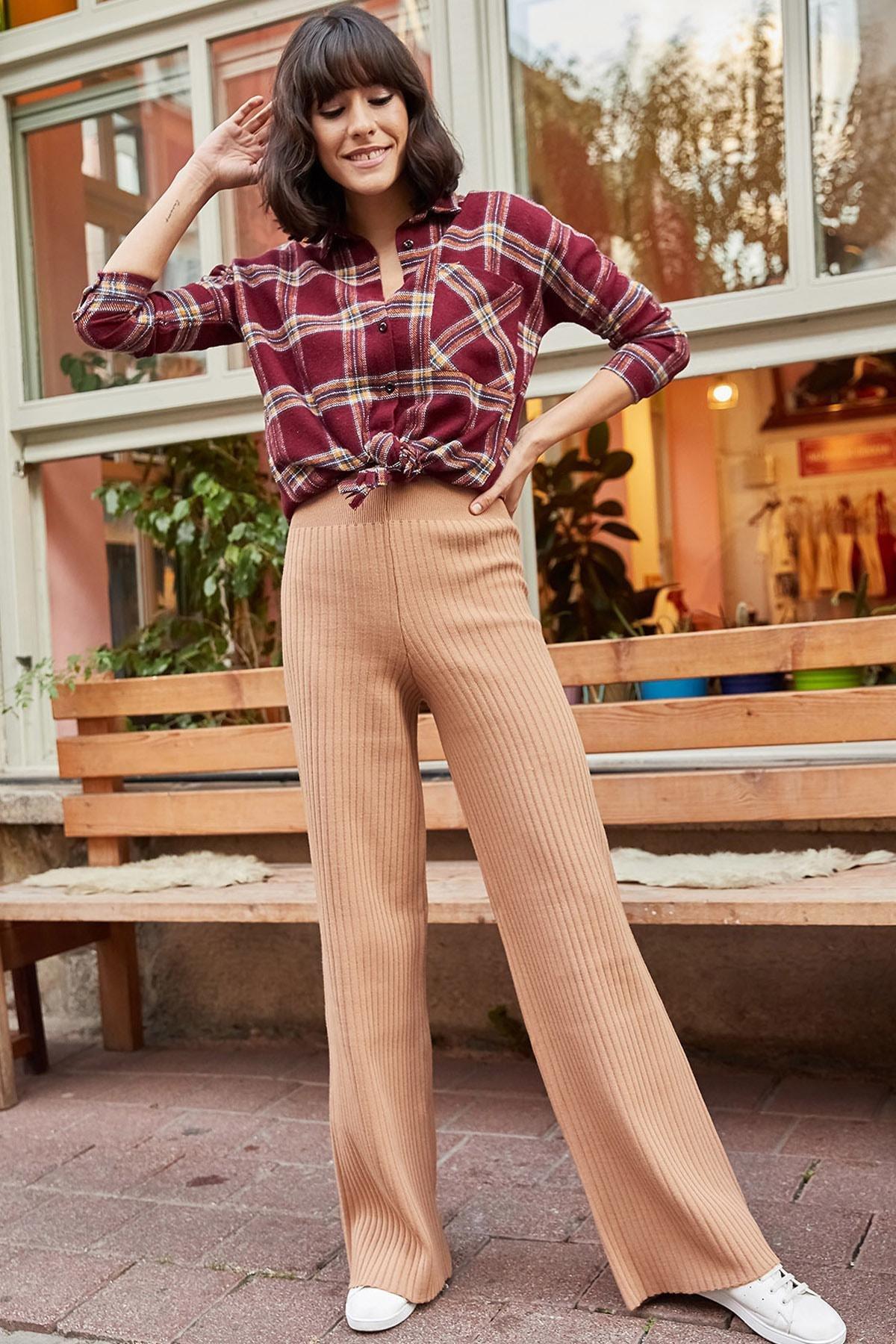 Womens Milky Brown Ribbed Thick Knitwear Pants PNT-19000055, Single, COFFEE WITH MILK, large image number 1
