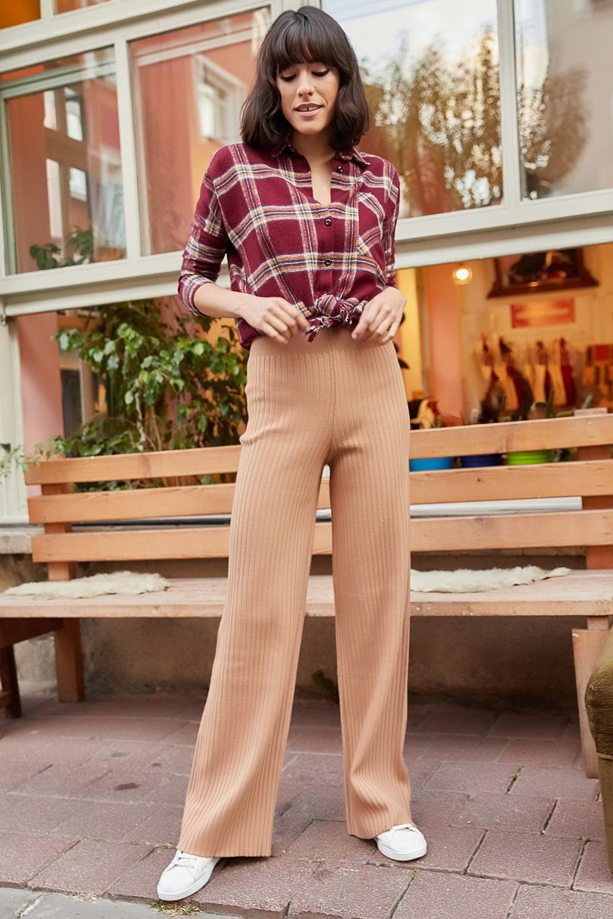 Womens Milky Brown Ribbed Thick Knitwear Pants PNT-19000055, Single, COFFEE WITH MILK, large image number 2