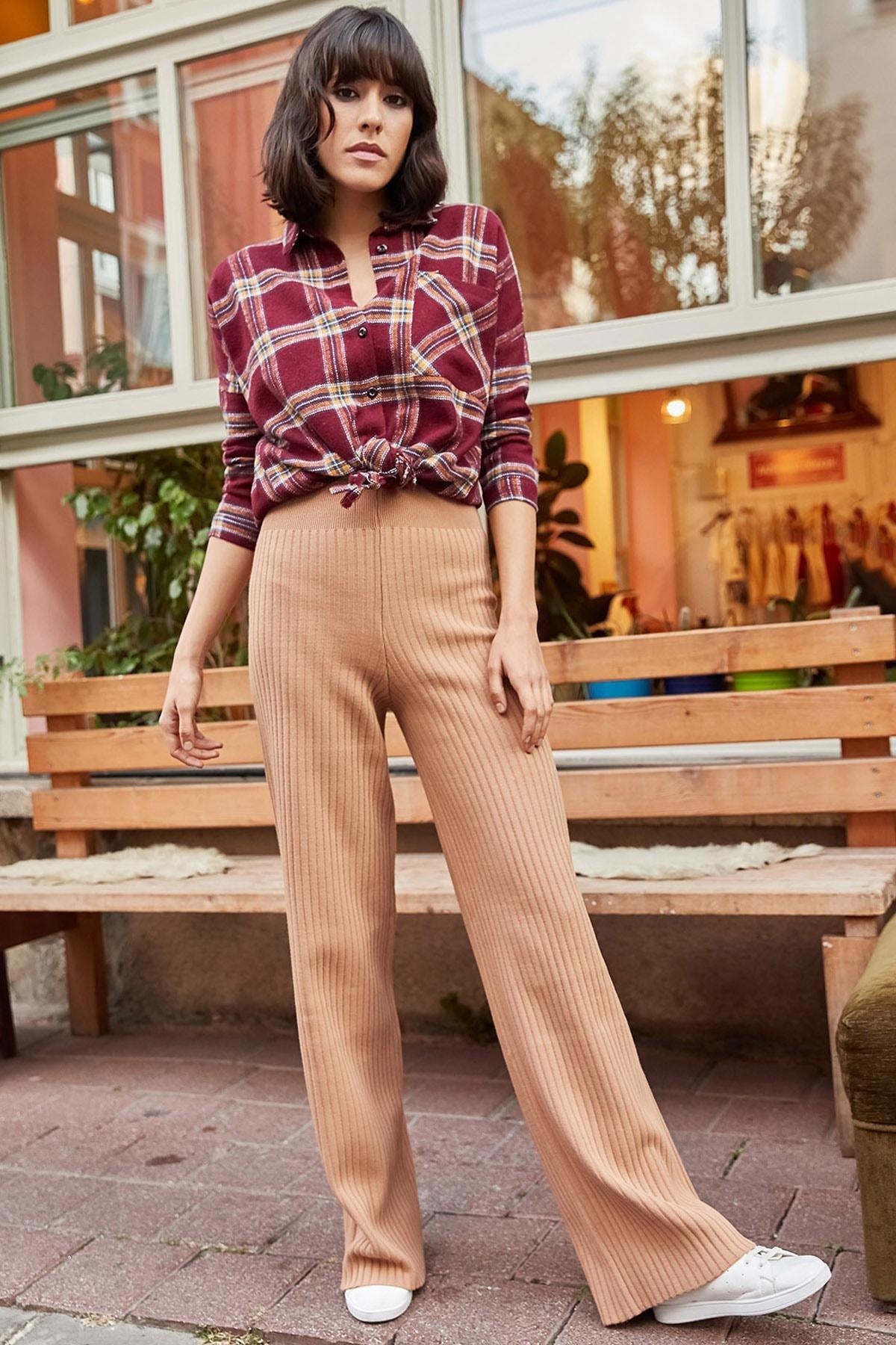 Womens Milky Brown Ribbed Thick Knitwear Pants PNT-19000055, Single, COFFEE WITH MILK, large image number 3