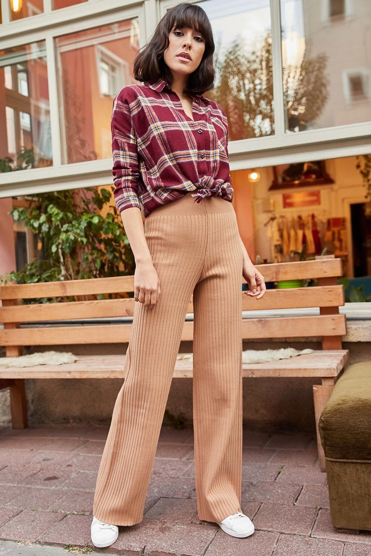 Womens Milky Brown Ribbed Thick Knitwear Pants PNT-19000055, Single, COFFEE WITH MILK, large image number 4