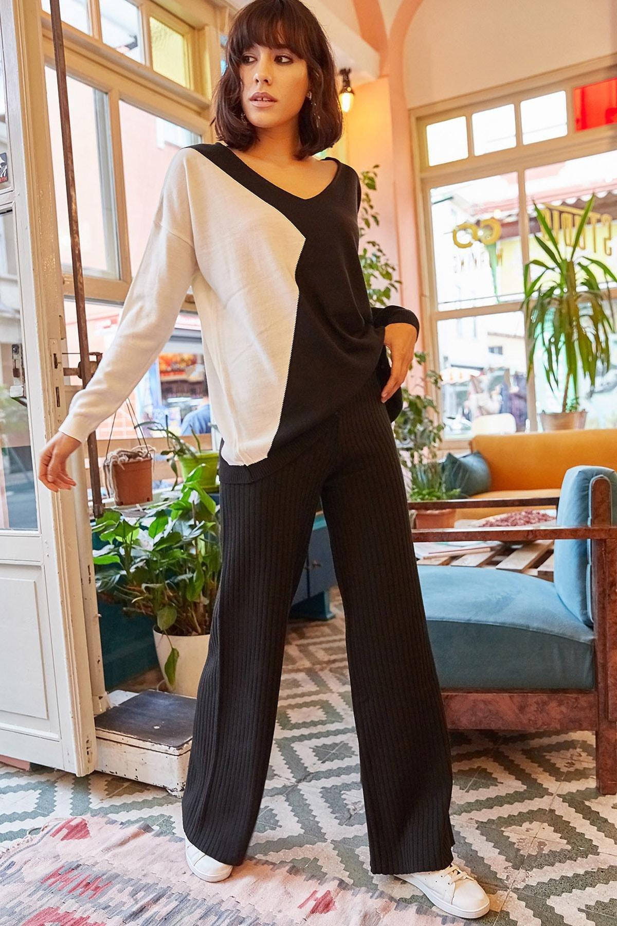 Black Ribbed Thick Knitted Pants, BLACK, large image number 0