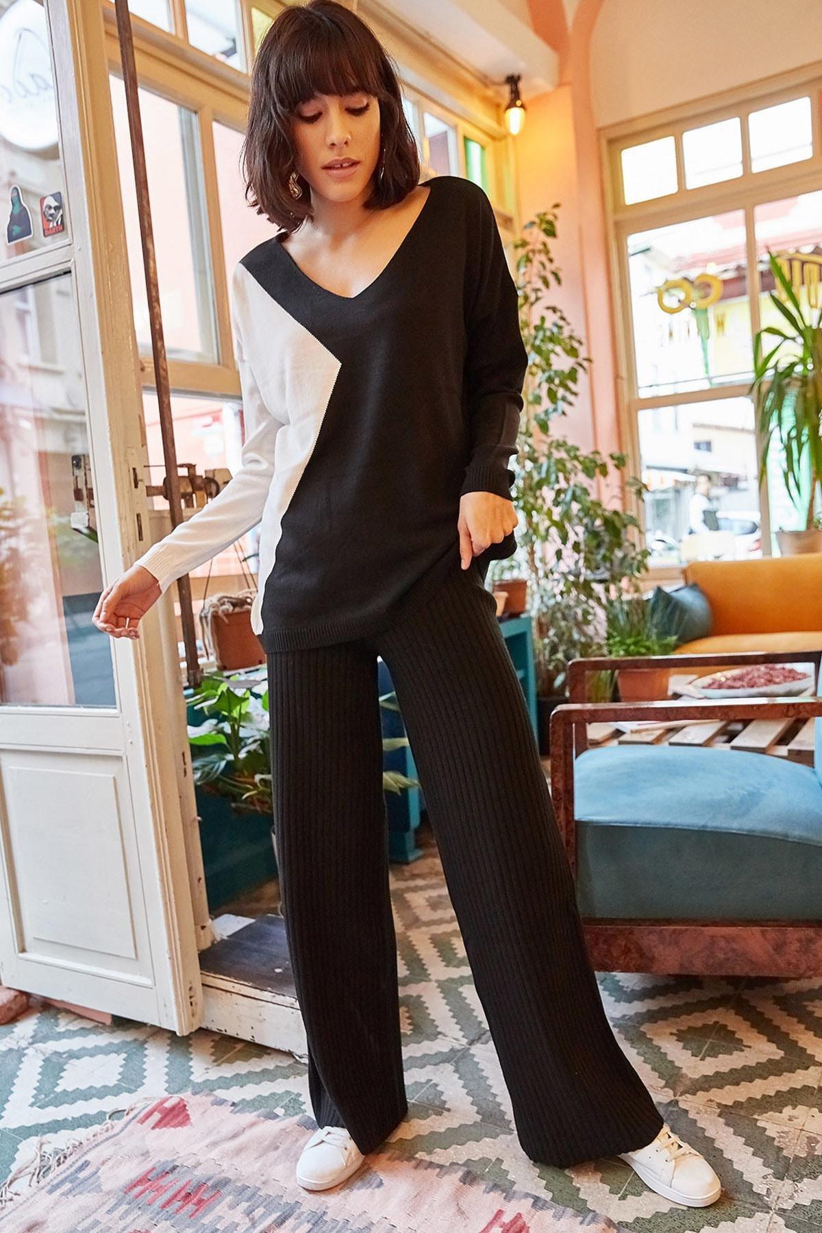 Black Ribbed Thick Knitted Pants, BLACK, large image number 1