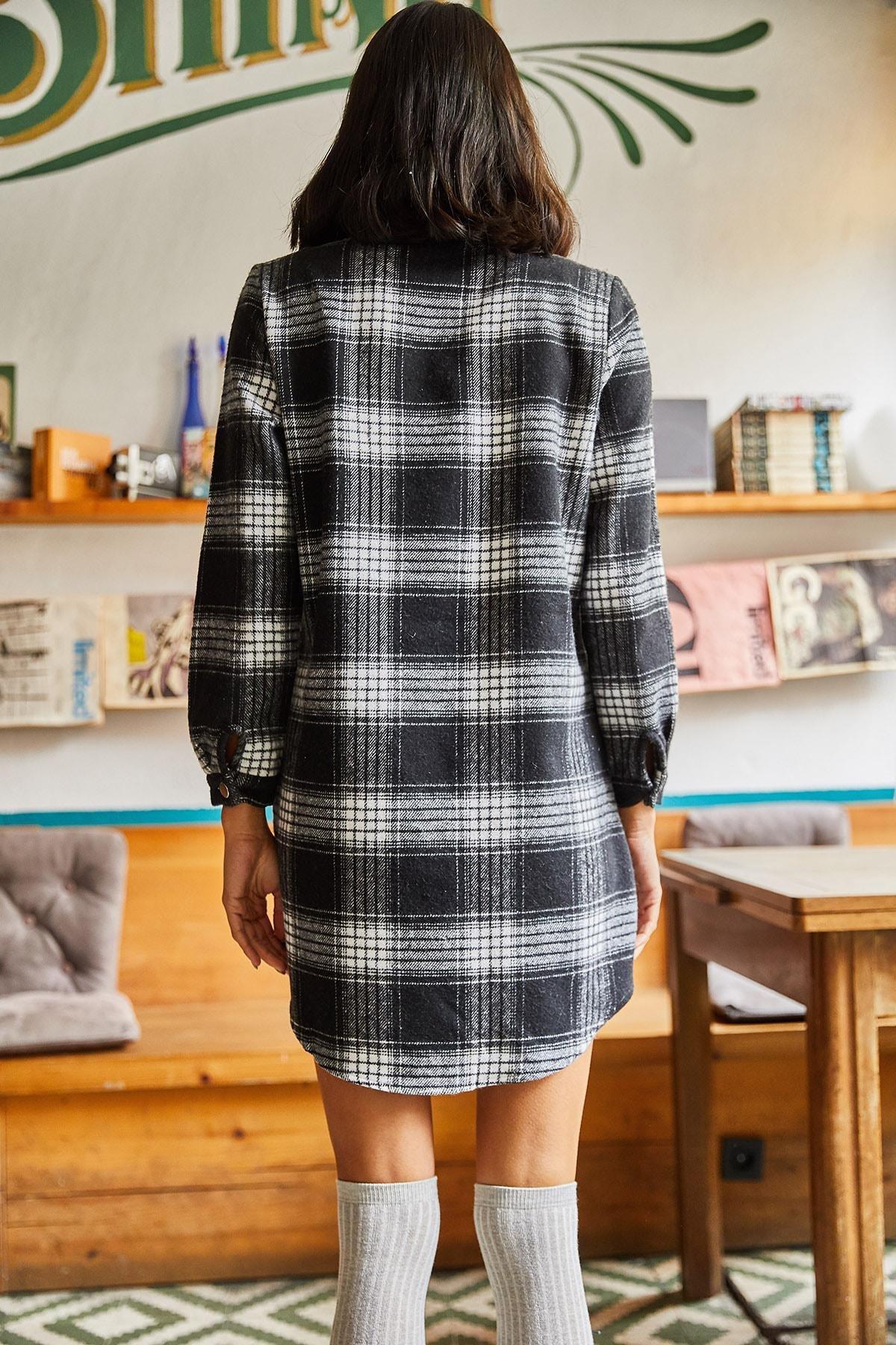 Black Plaid Shirt Dress, Black Striped Plaid, large image number 1