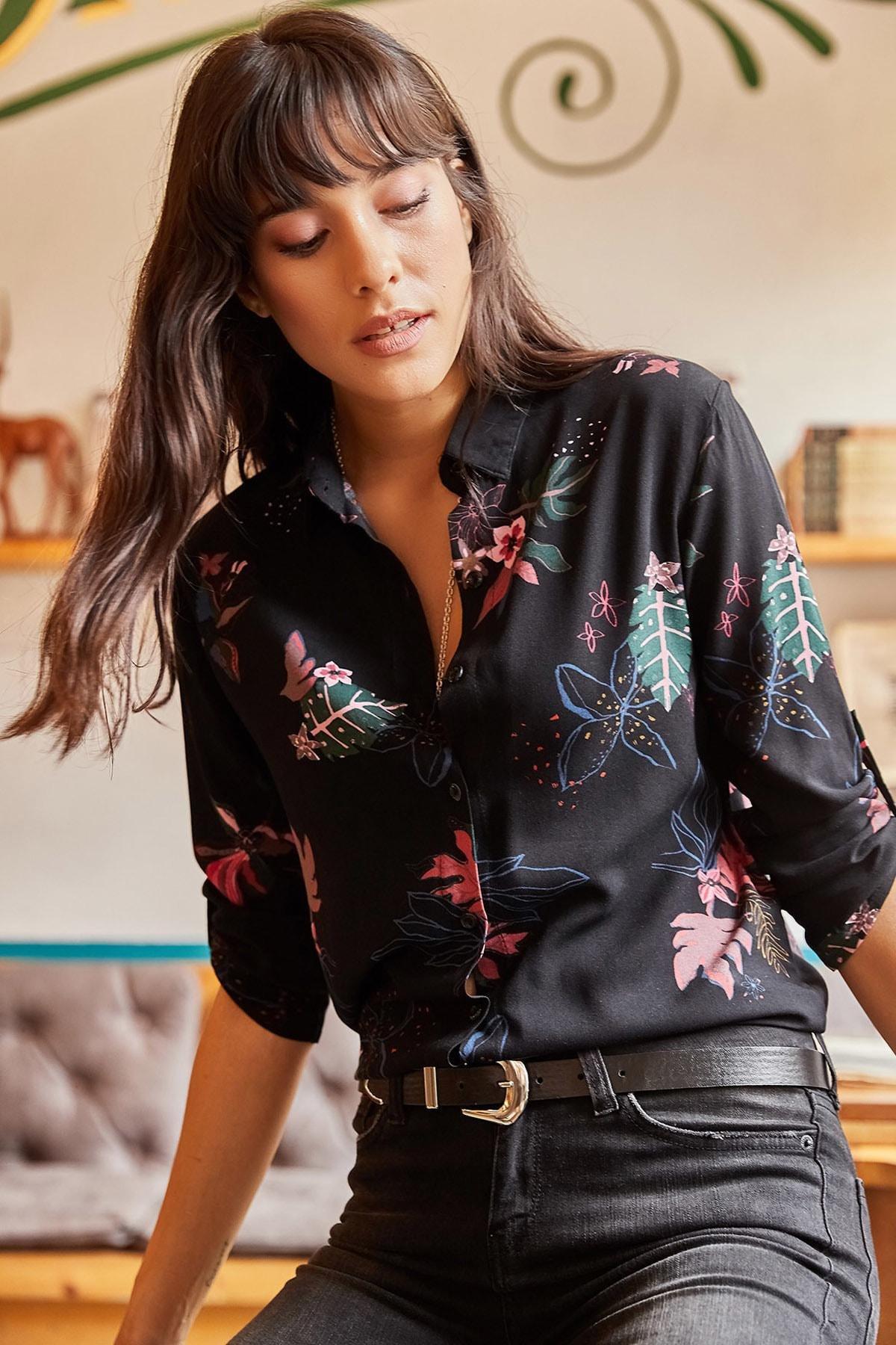 Black Pastel Floral Shirt, BLACK, large image number 0