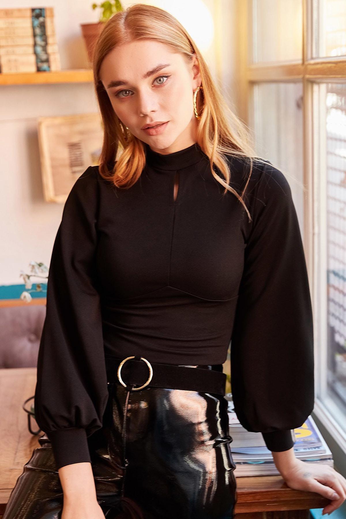 Black High Neck Blouse, , large image number 0