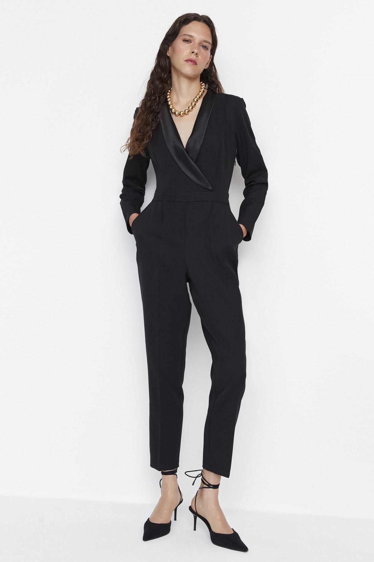 Black Lapel Collar Jumpsuit, , large image number 1