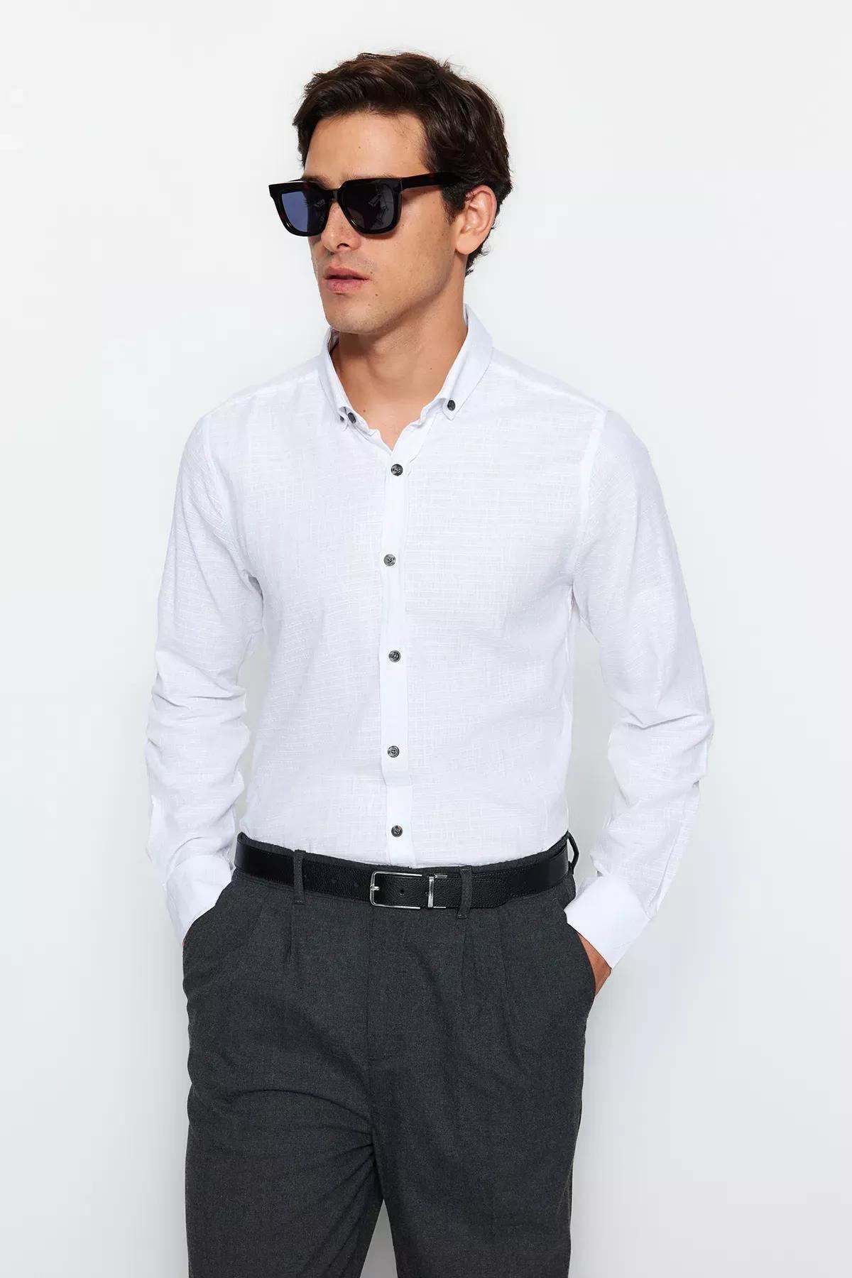 White Blue Slim Fit Shirt, , large image number 1