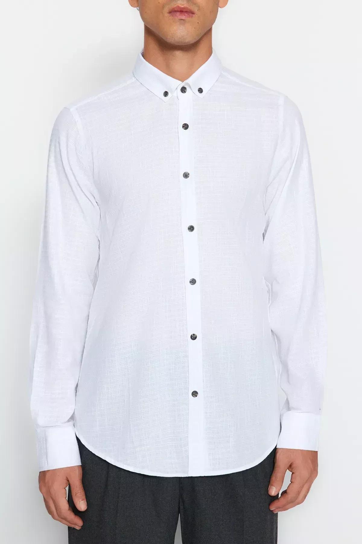 قميص بقصة سليم فت، أبيض وأزرق, White, large image number 2