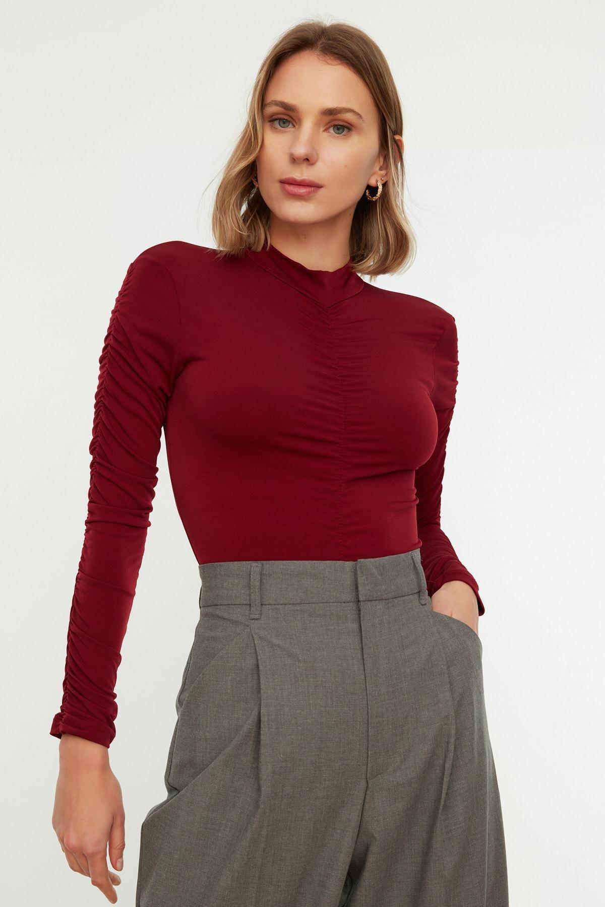 Fitted Crew Neck Bodysuit, Burgundy, large image number 0