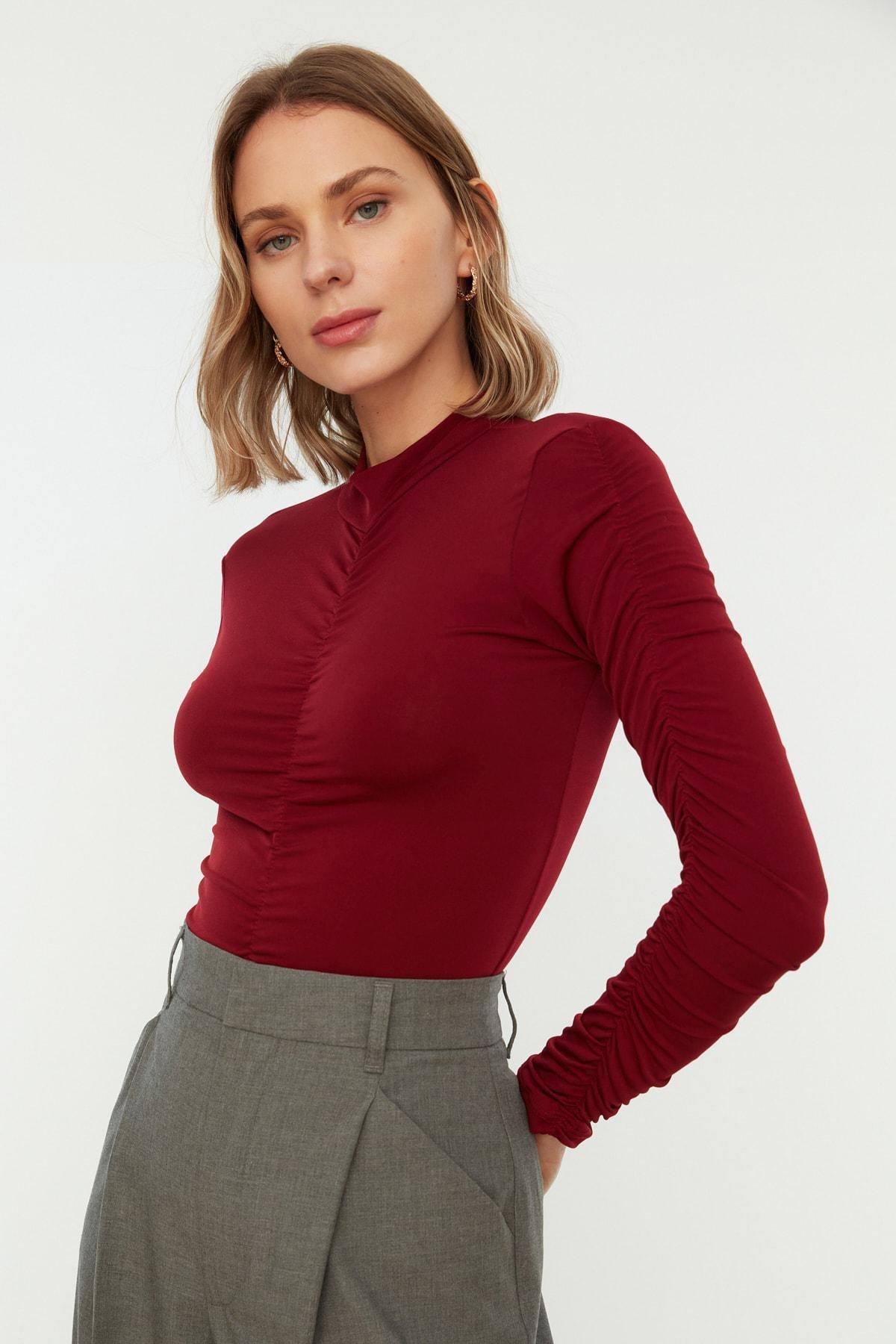 Fitted Crew Neck Bodysuit, Burgundy, large image number 1