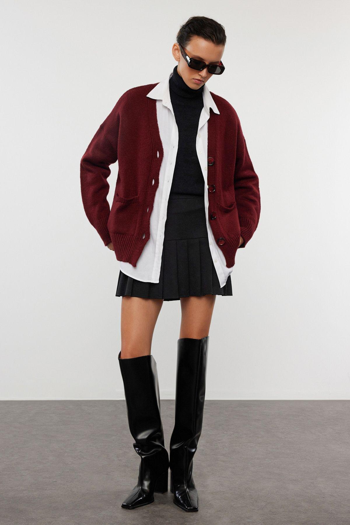 Claret Red Basic Soft Textured Knitwear Cardigan TWOAW20HI0213, single, Burgundy, large image number 0