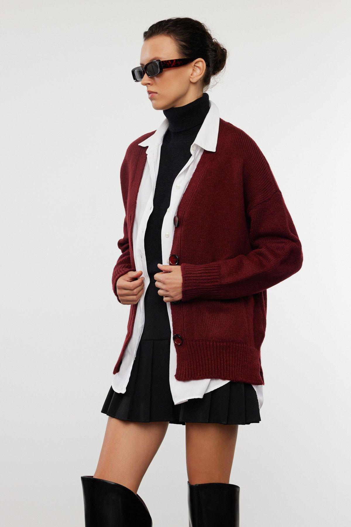 Claret Red Basic Soft Textured Knitwear Cardigan TWOAW20HI0213, single, Burgundy, large image number 1