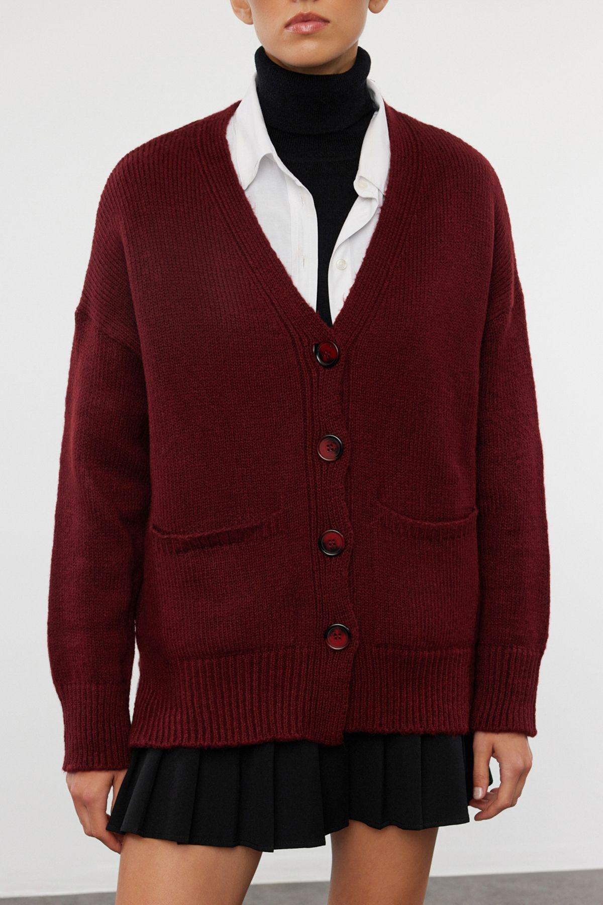 Claret Red Basic Soft Textured Knitwear Cardigan TWOAW20HI0213, single, Burgundy, large image number 2