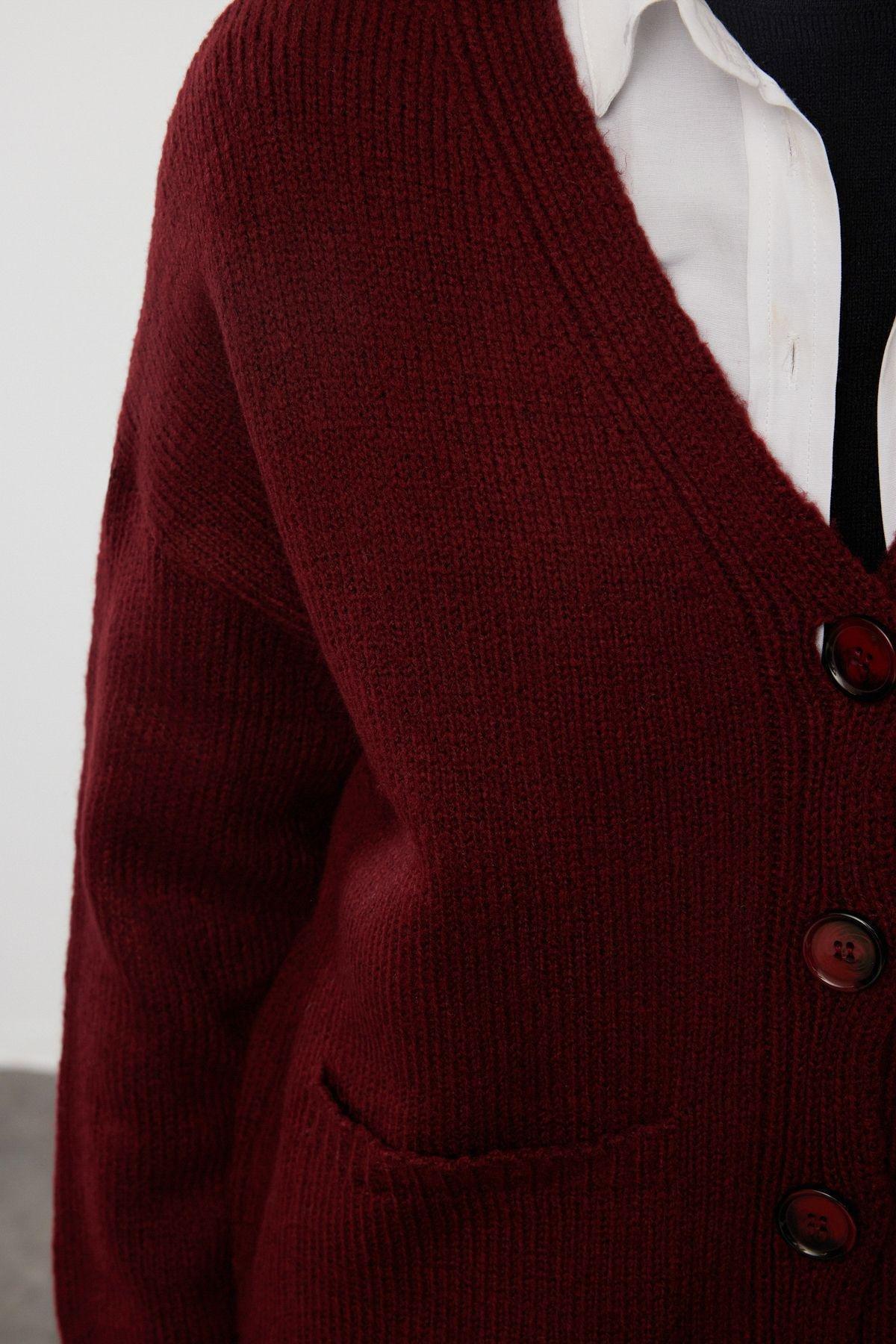 Claret Red Basic Soft Textured Knitwear Cardigan TWOAW20HI0213, single, Burgundy, large image number 3