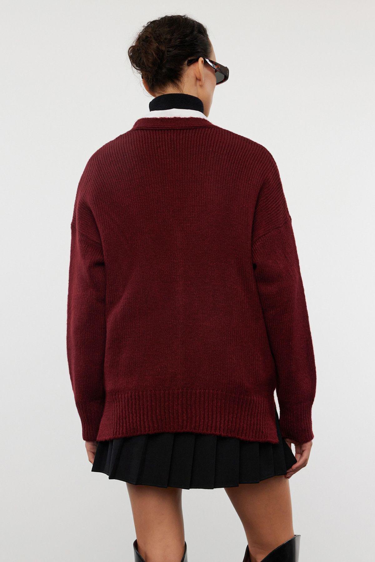 Claret Red Basic Soft Textured Knitwear Cardigan TWOAW20HI0213, single, Burgundy, large image number 4