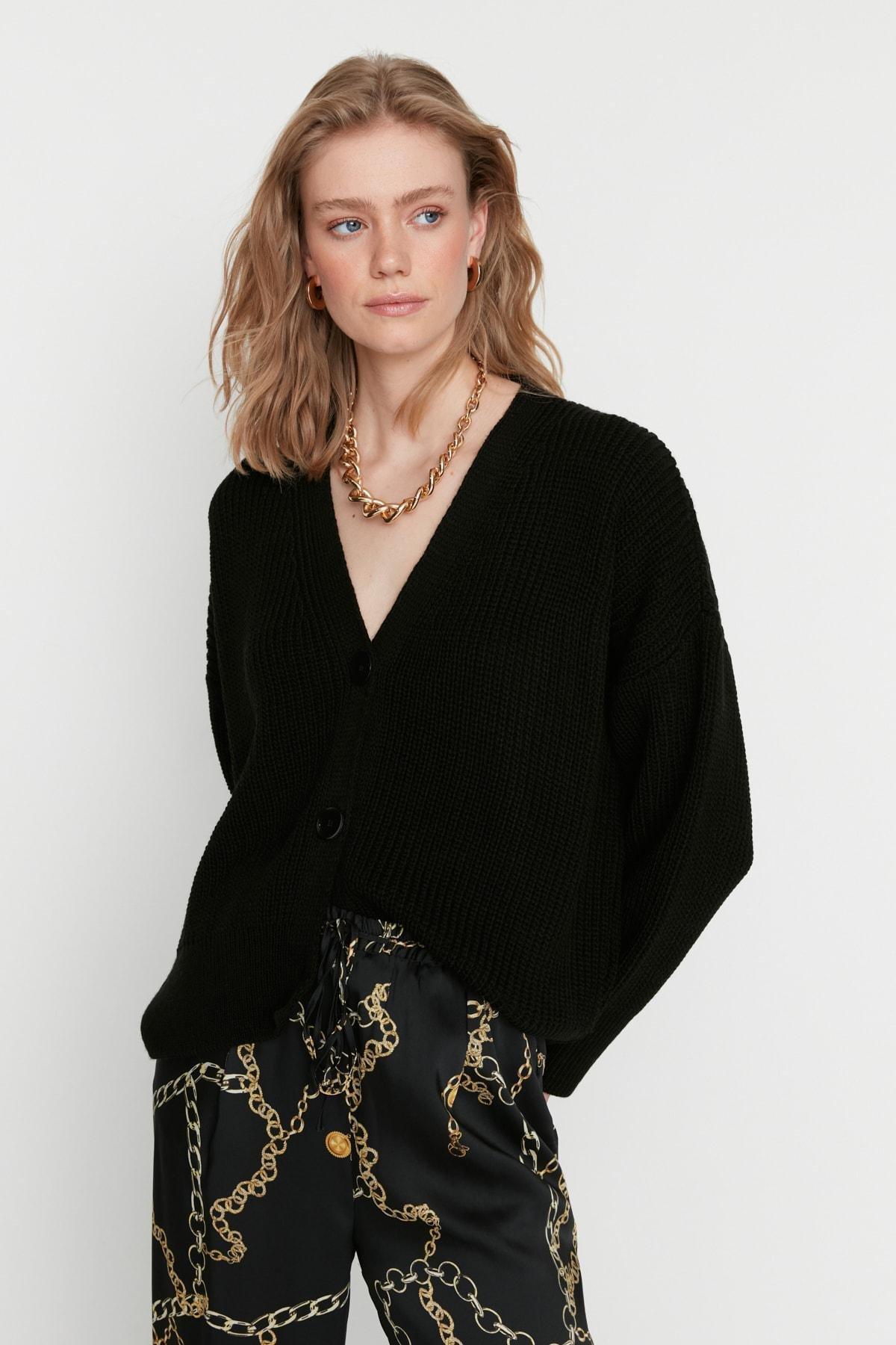Black V Neck Cardigan, Black, medium