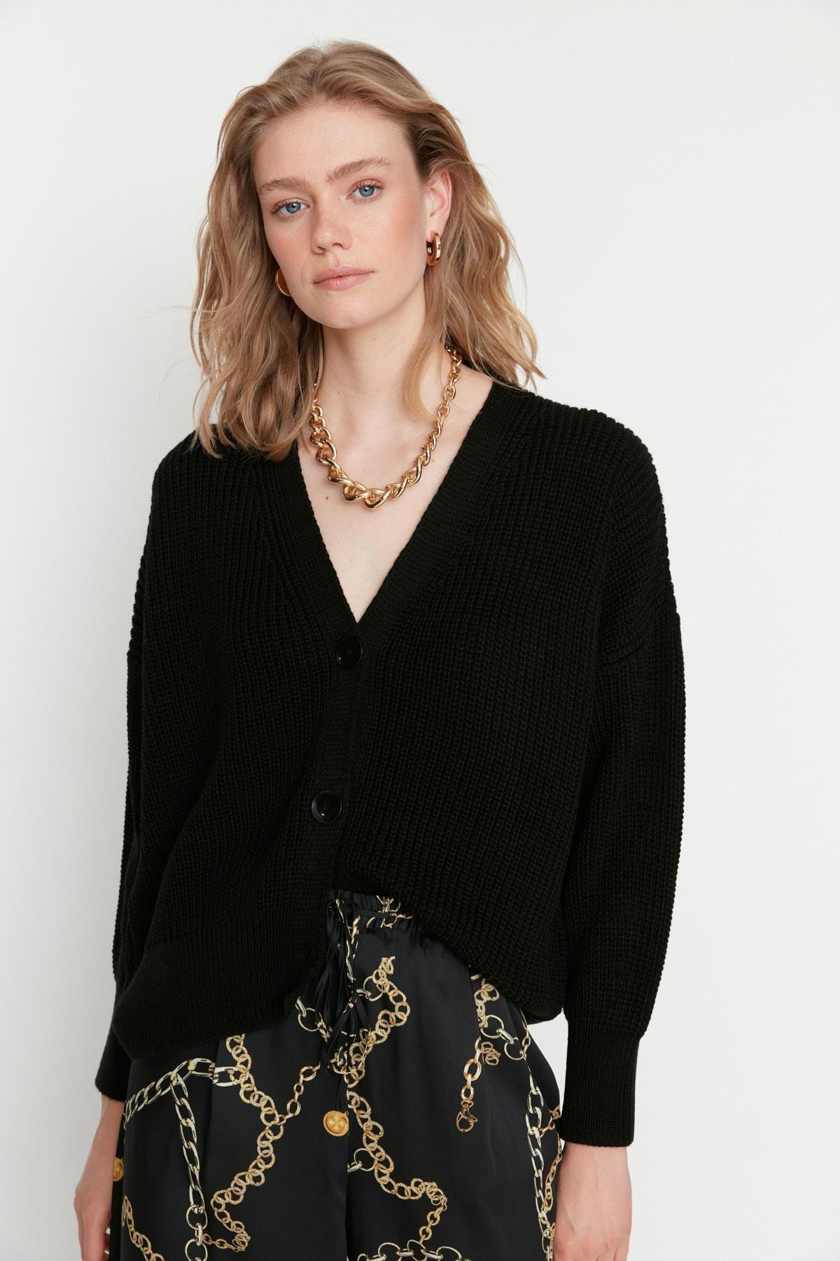 Black V Neck Cardigan, Black, large image number 1