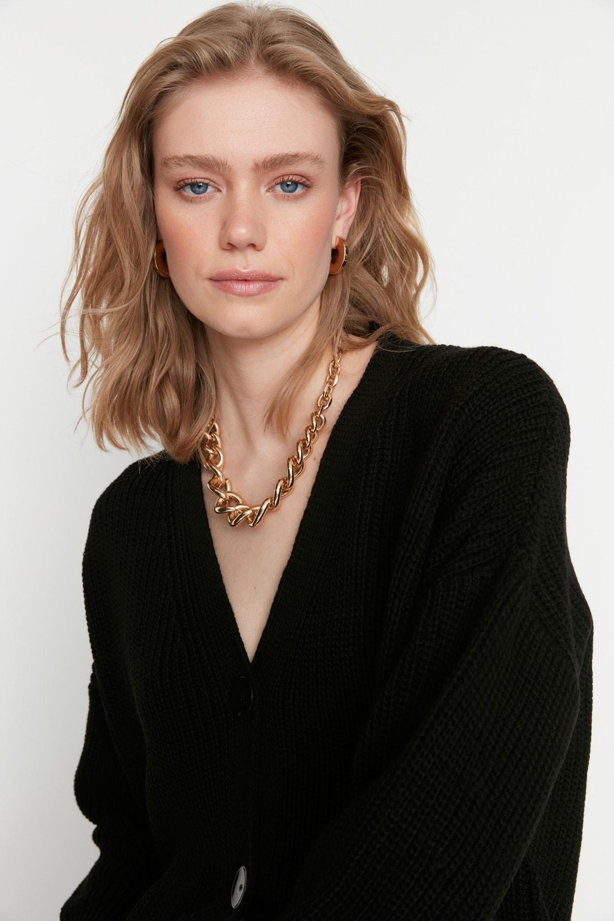 Black V Neck Cardigan, Black, large image number 2