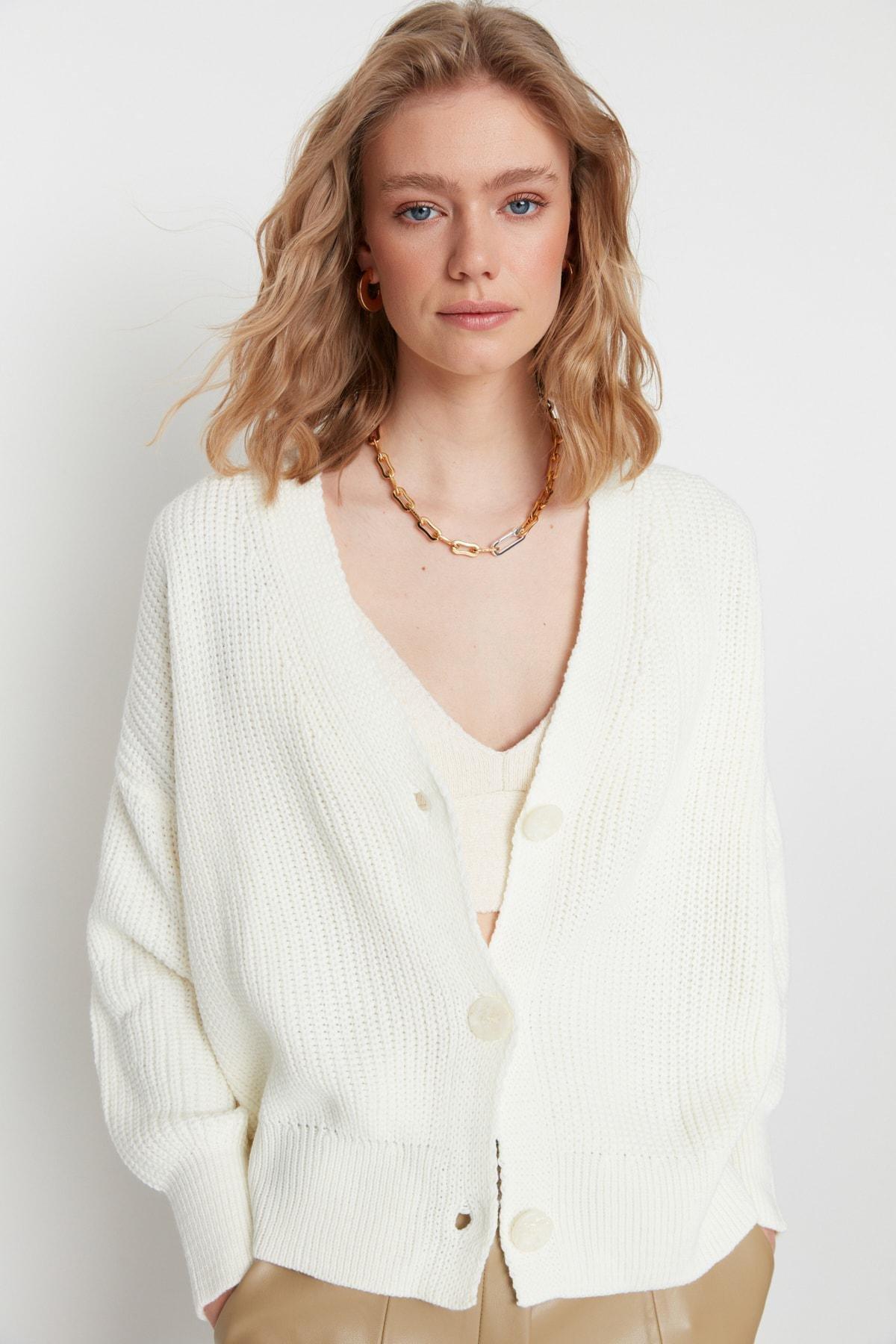 White V-Neck Cardigan, Ecru, large image number 0