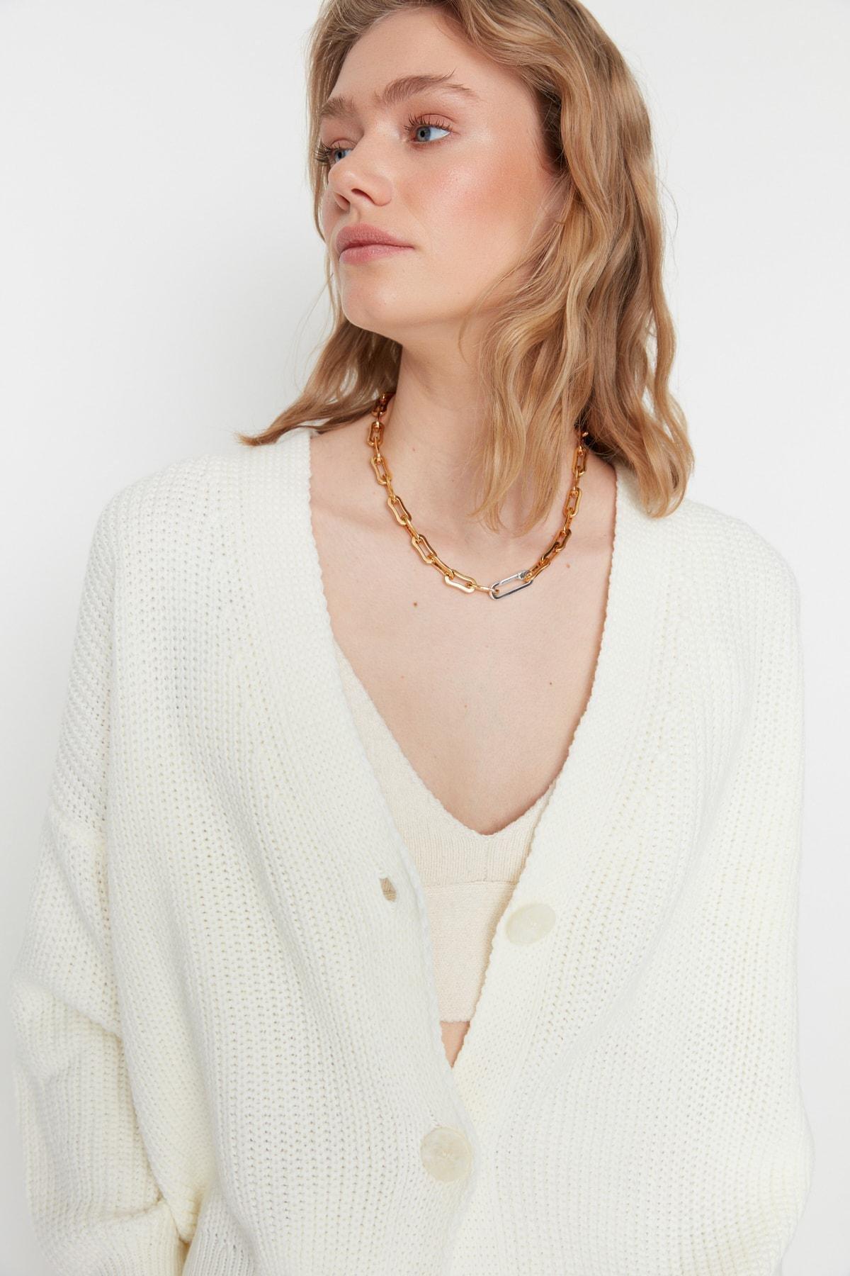 White V-Neck Cardigan, Ecru, large image number 1