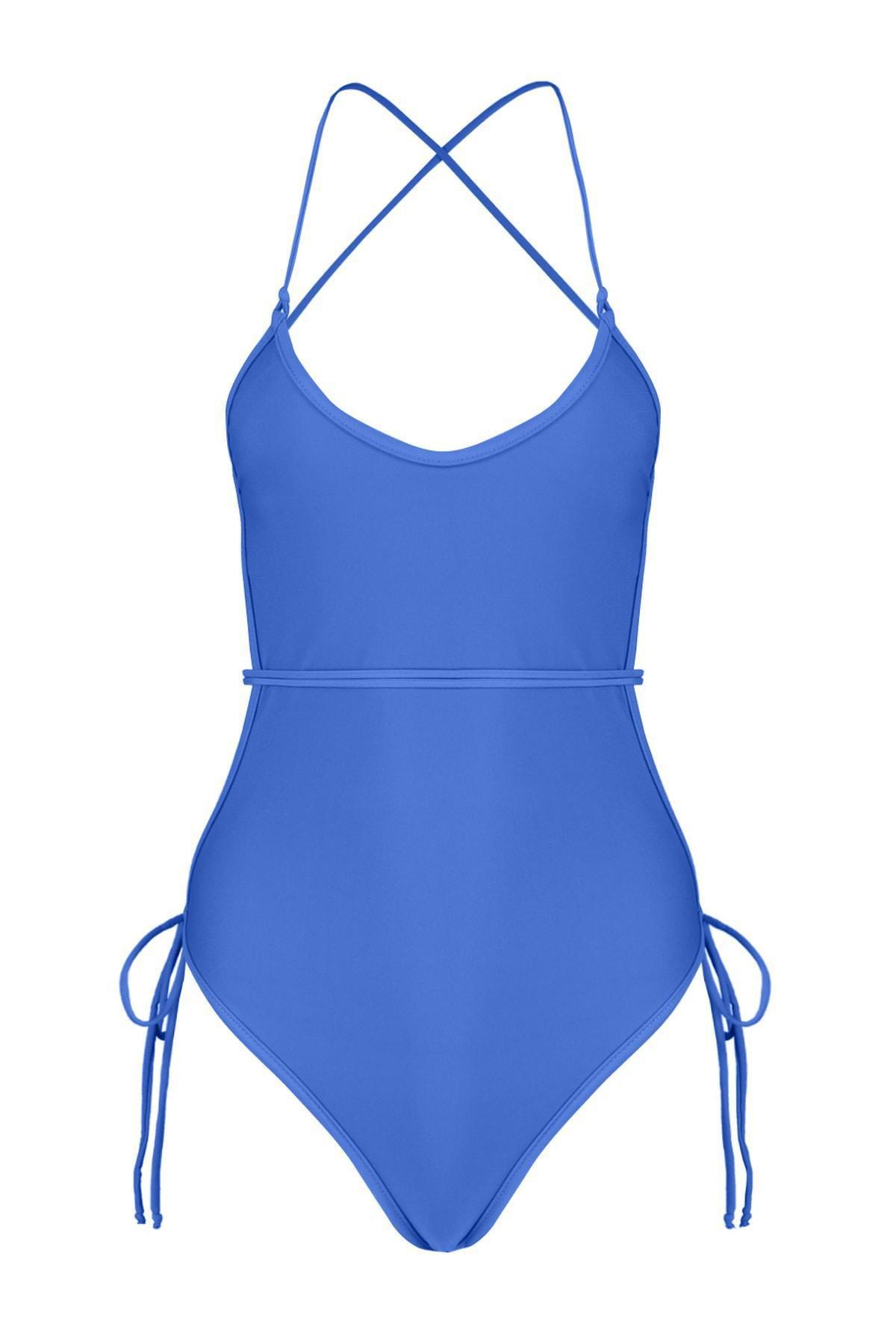 Blue Lattice Straps Swimsuit, , large image number 6