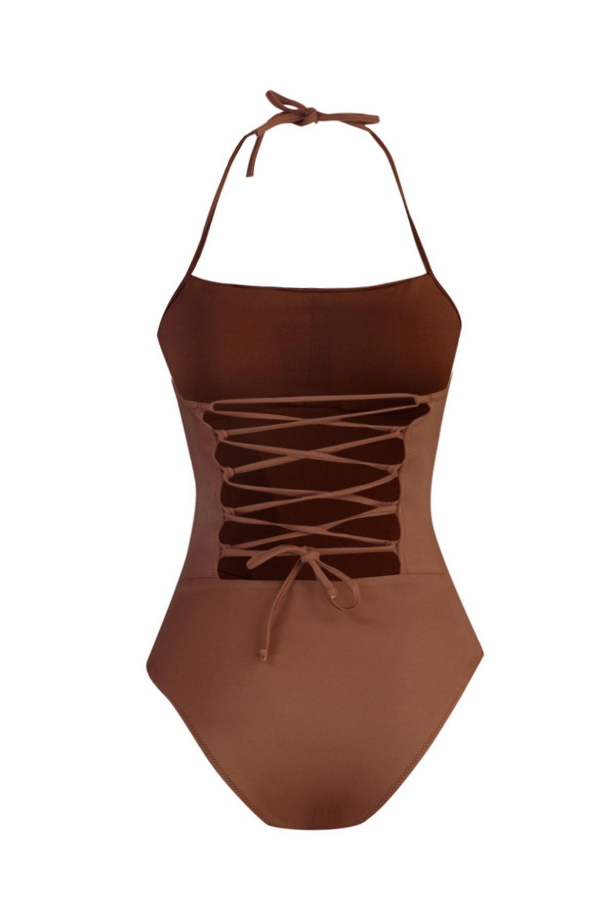 Trendyol - Brown Plain Swimsuit