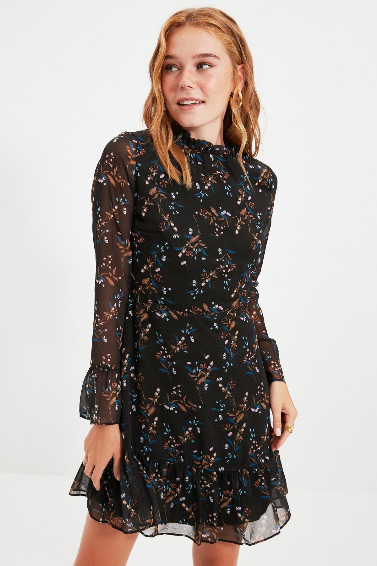 فستان بحافة كشكش، أسود, Black, large image number 0