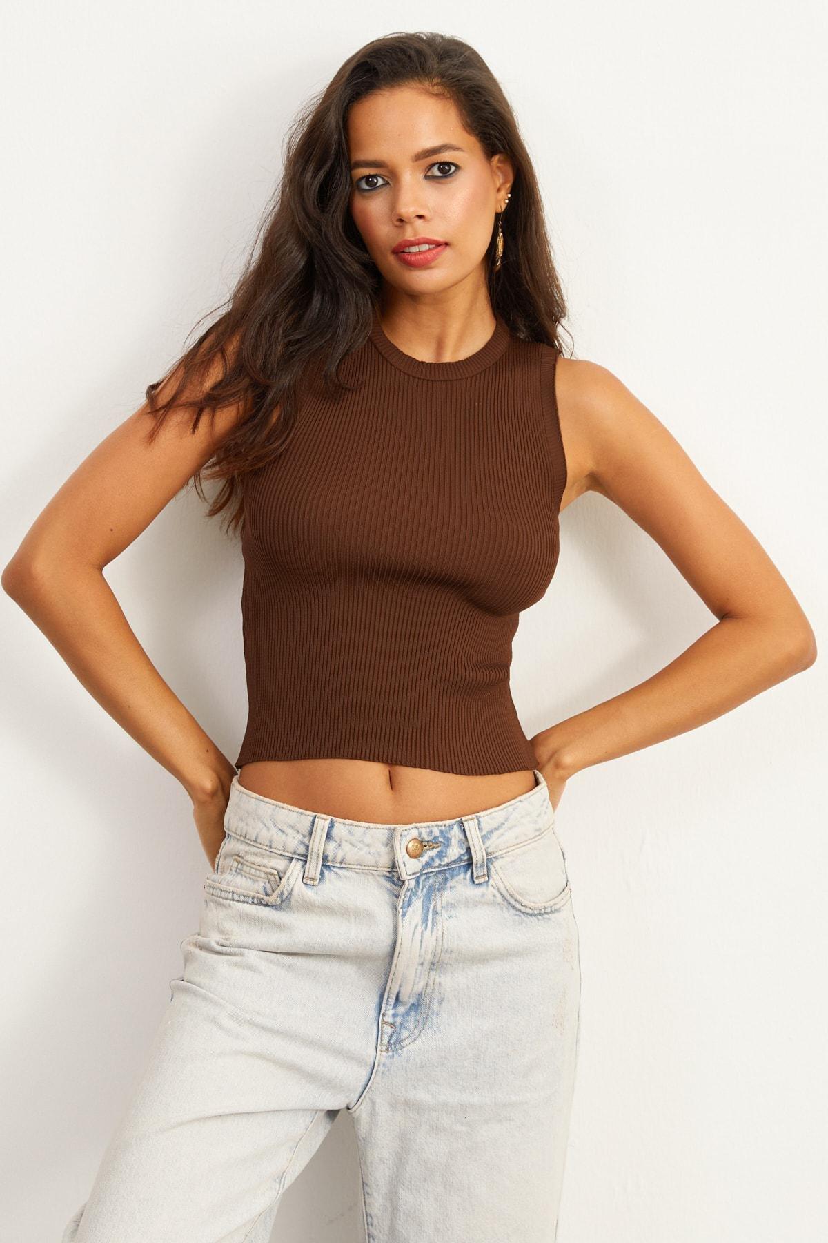 Brown Bodycon Fitted Blouse, Brown, large image number 2