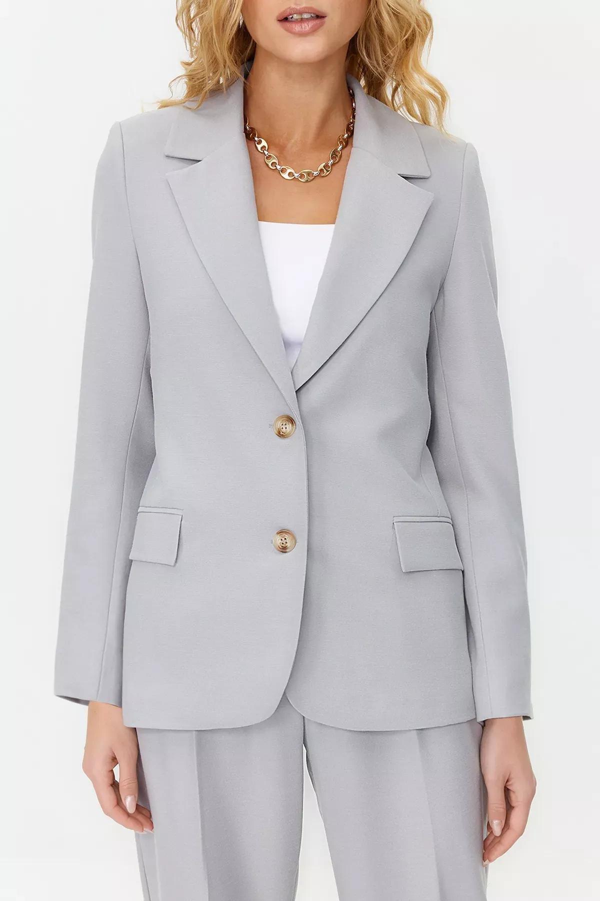 Grey Lined Woven Blazer Jacket, , large image number 4
