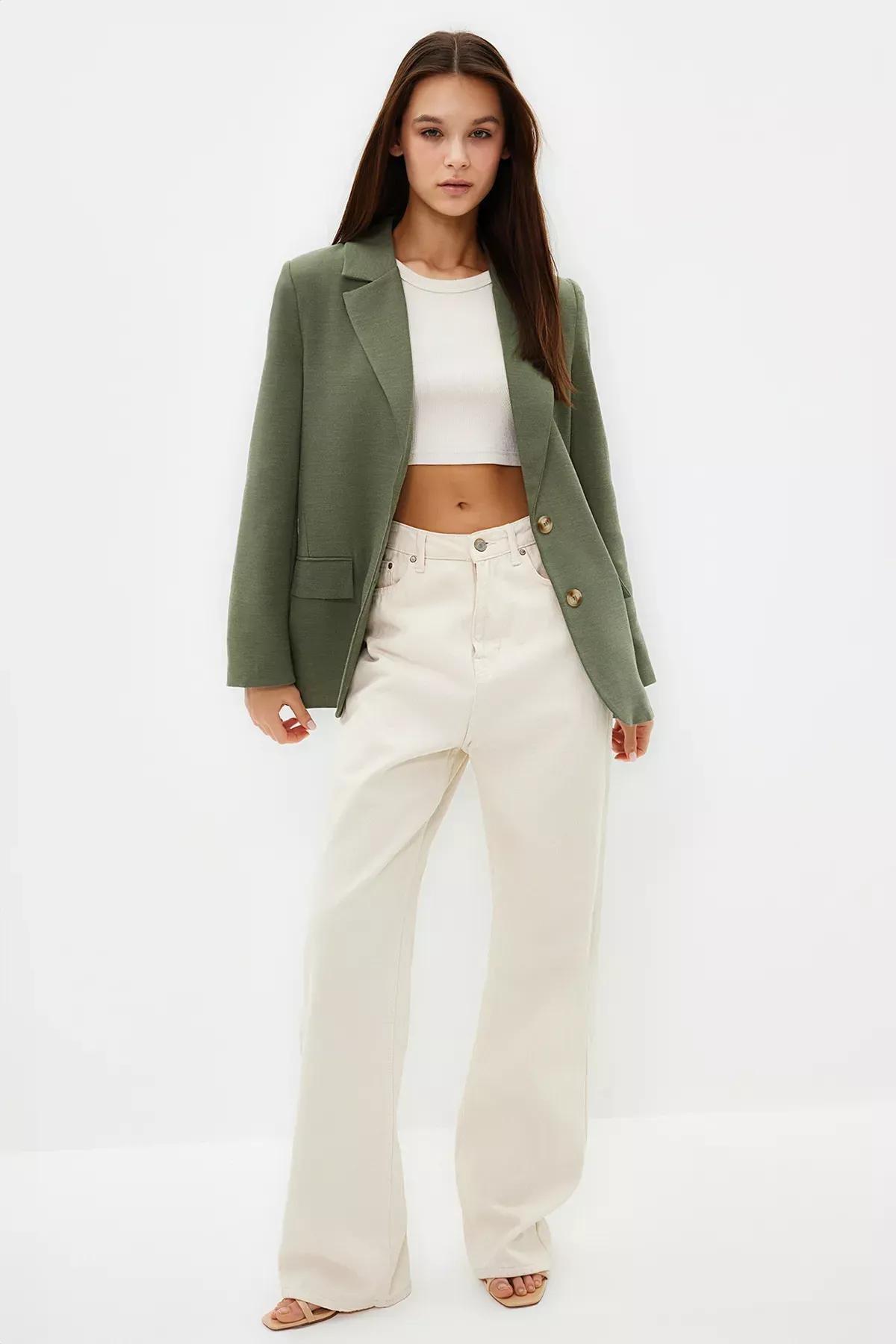 Green Collared Plain Blazer, Mint, medium