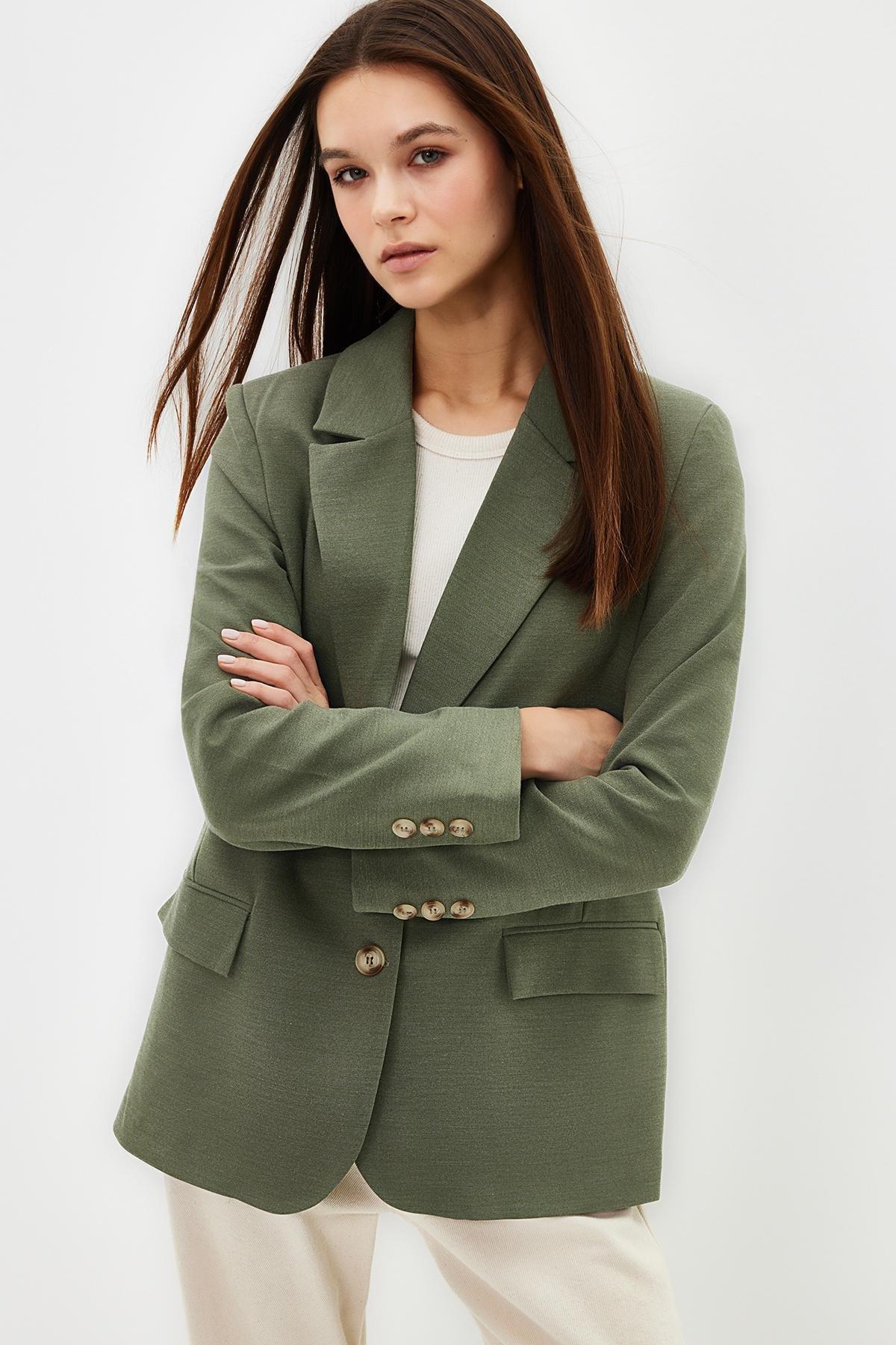 Green Collared Plain Blazer, , large image number 1