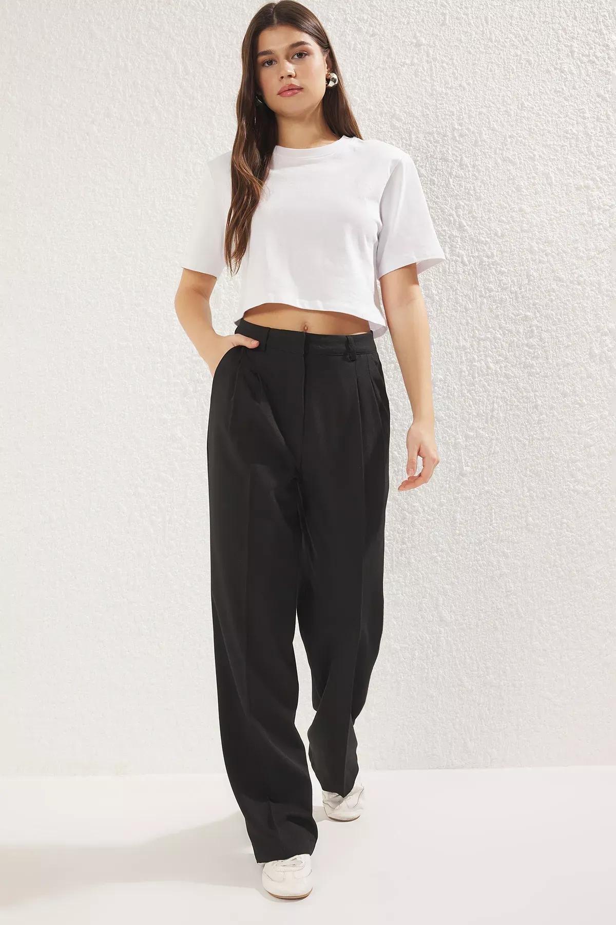 Black Pleated Woven Trousers, , large image number 0