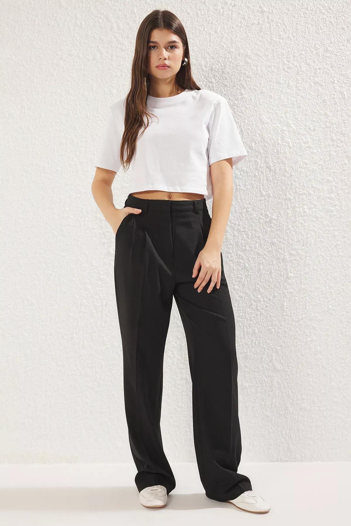 Black Pleated Woven Trousers, , large image number 1
