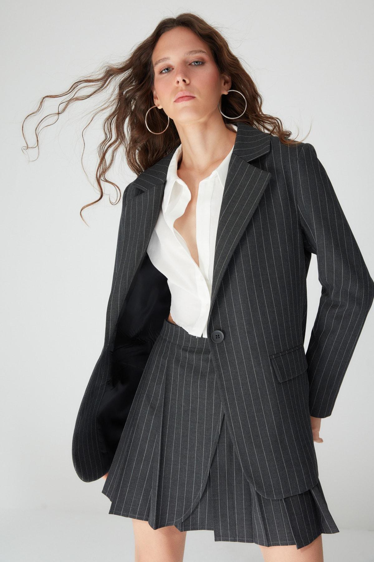 Black Striped Lapel Collar Blazer, , large image number 0