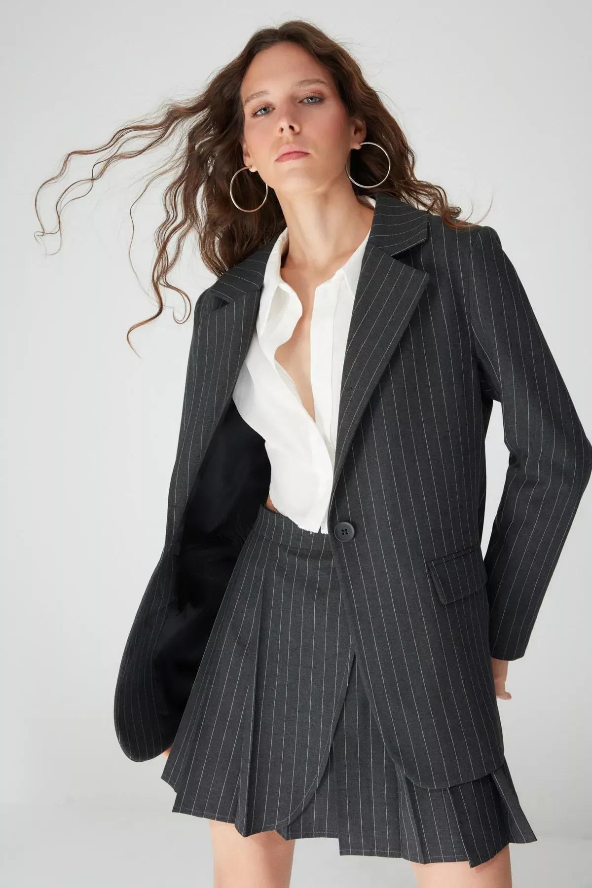 Black Striped Lapel Collar Blazer, Black, medium