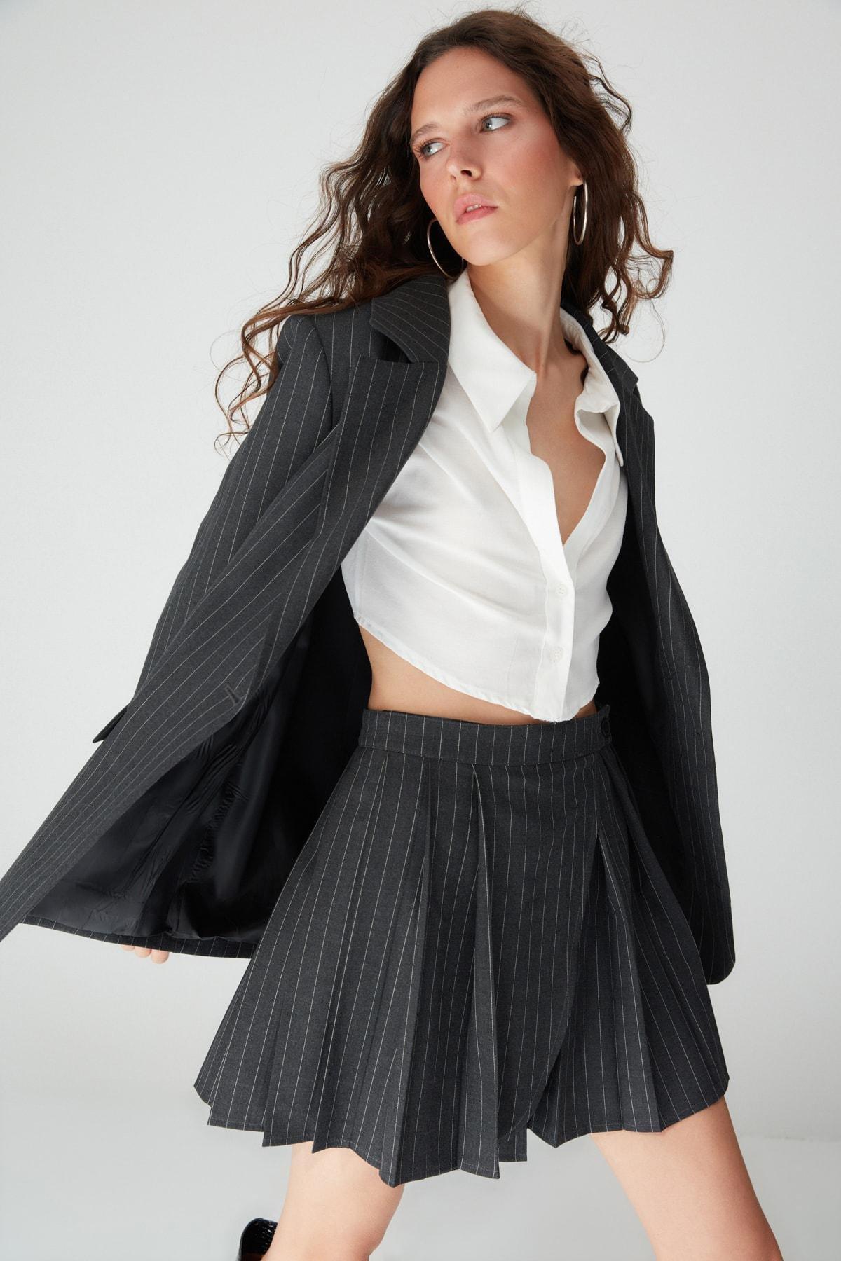 Black Striped Lapel Collar Blazer, , large image number 1