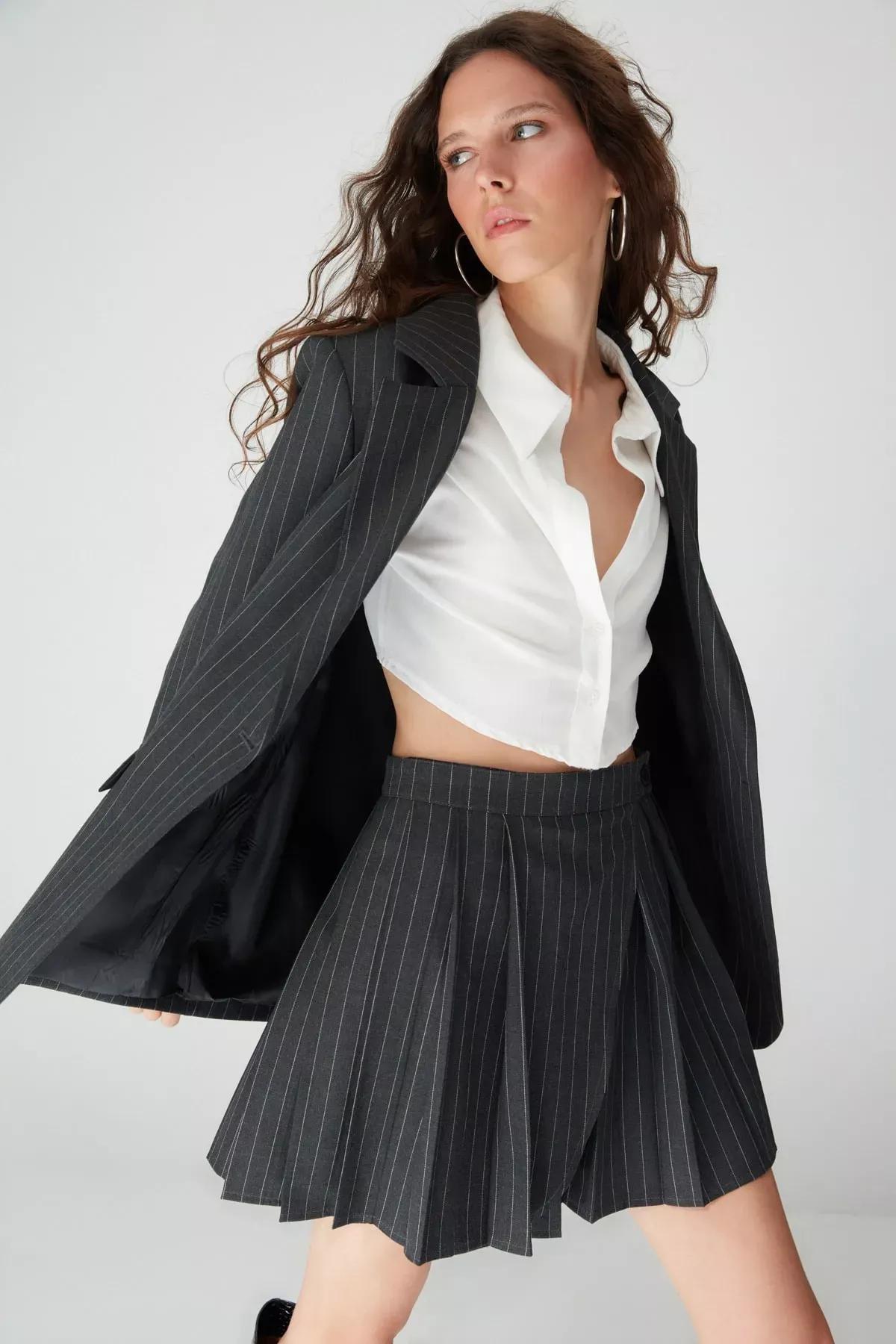 Black Striped Lapel Collar Blazer, Black, medium
