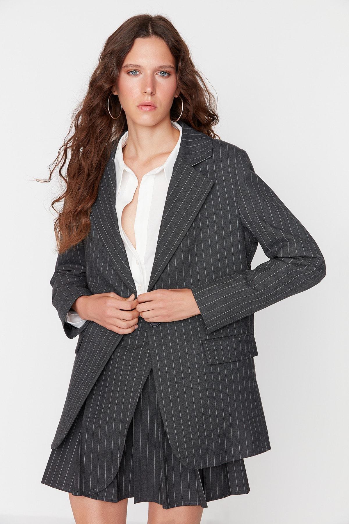 Black Striped Lapel Collar Blazer, , large image number 3