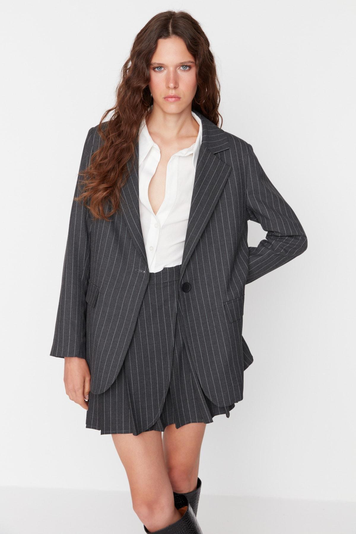 Black Striped Lapel Collar Blazer, , large image number 4