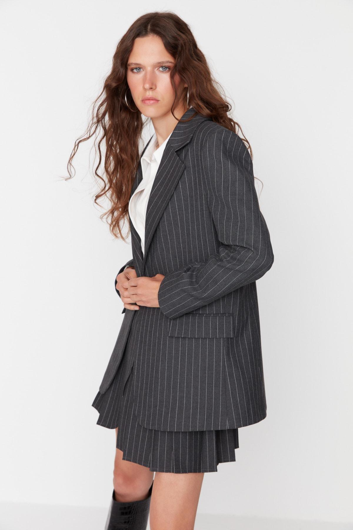 Black Striped Lapel Collar Blazer, , large image number 5
