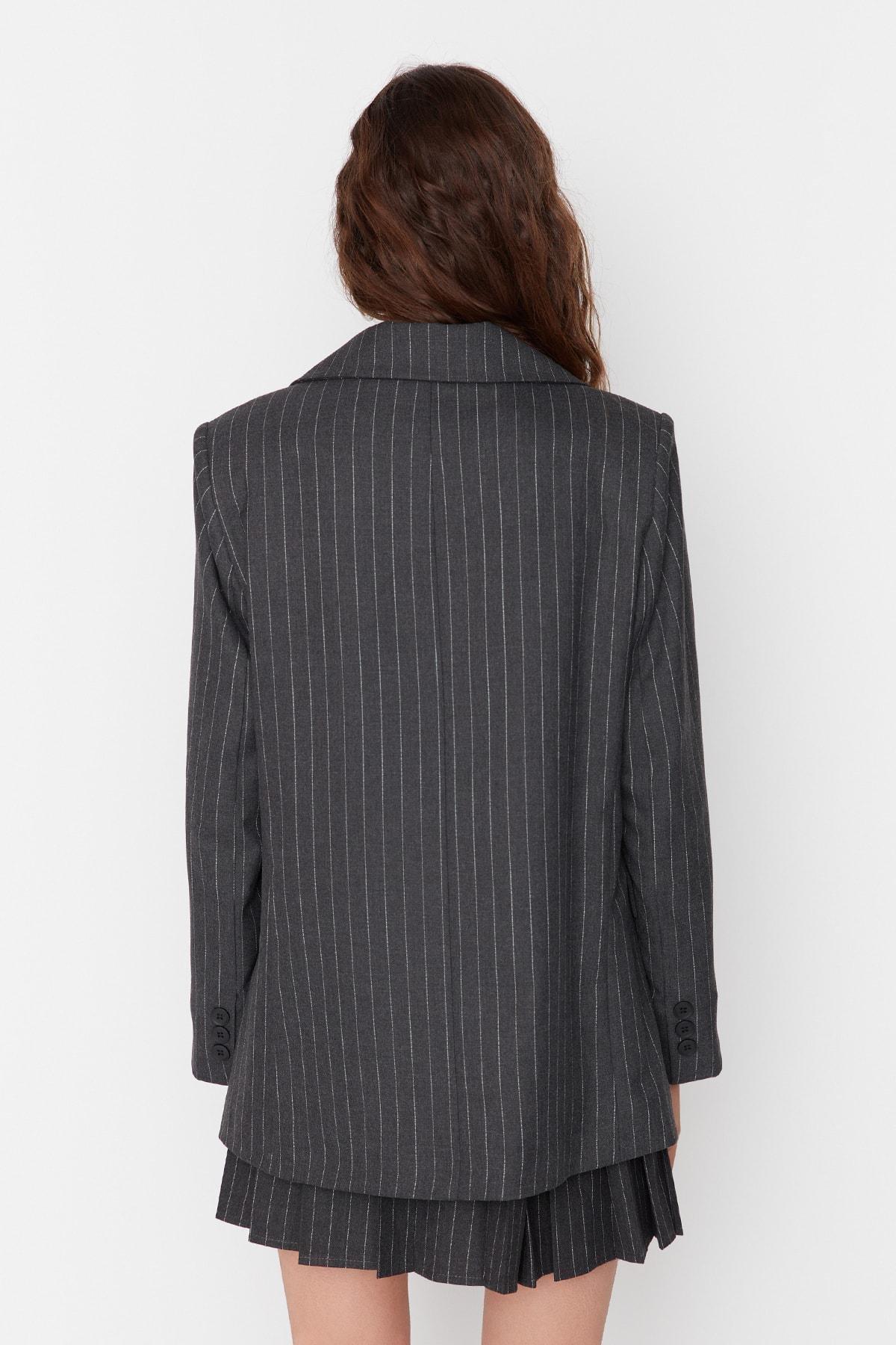 Black Striped Lapel Collar Blazer, , large image number 8