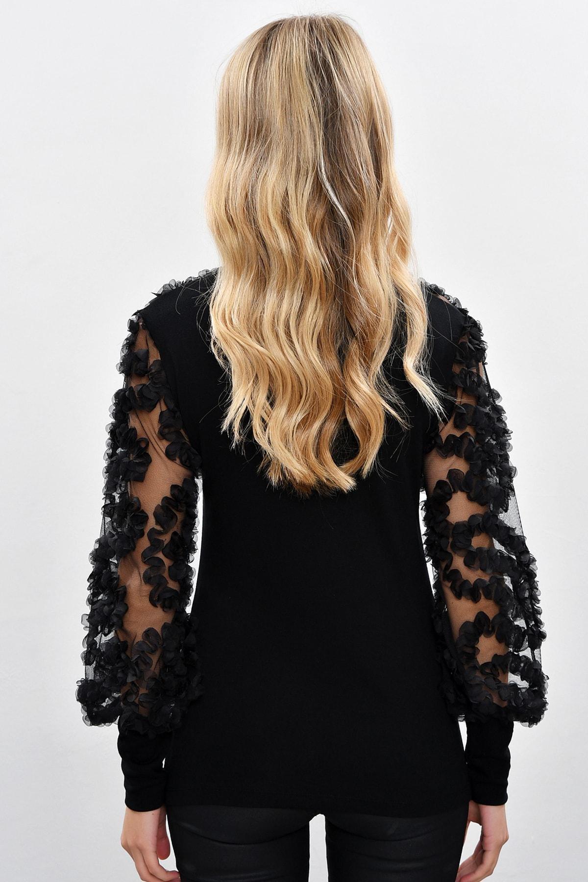 Black Turtleneck Fitted Blouse, BLACK, large image number 2