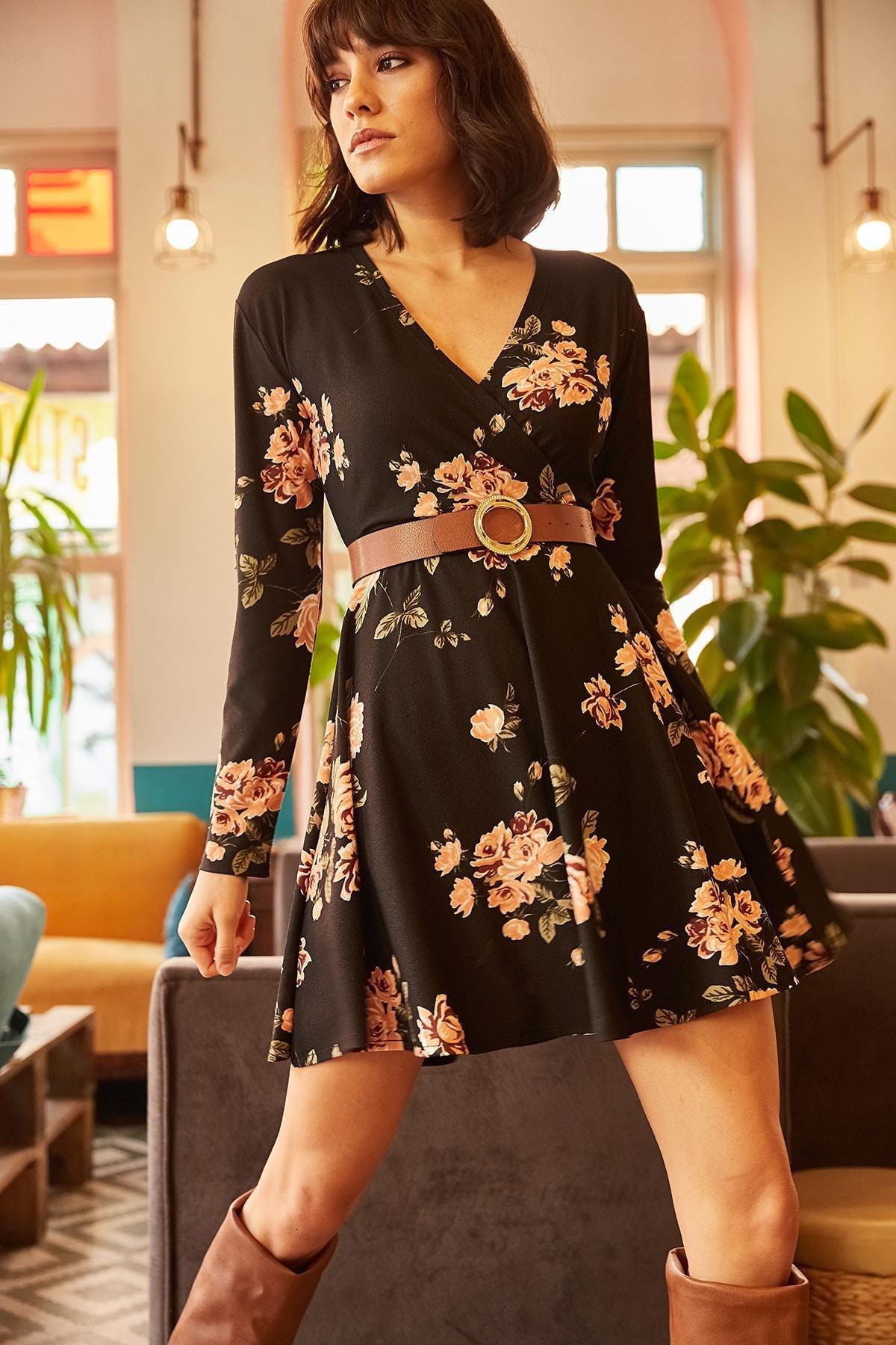 Black Large Floral Double-Breasted Dress, , large image number 1