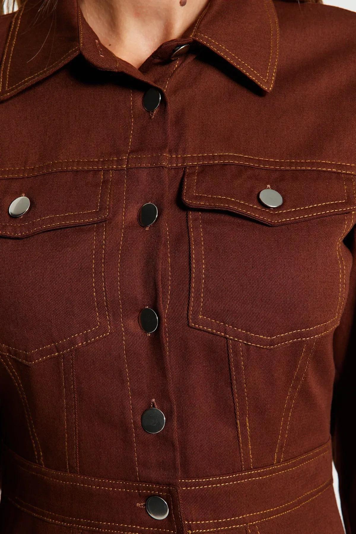 فستان منسوج بتصميم قميص مزود بأزرار، بني, Brown, large image number 3