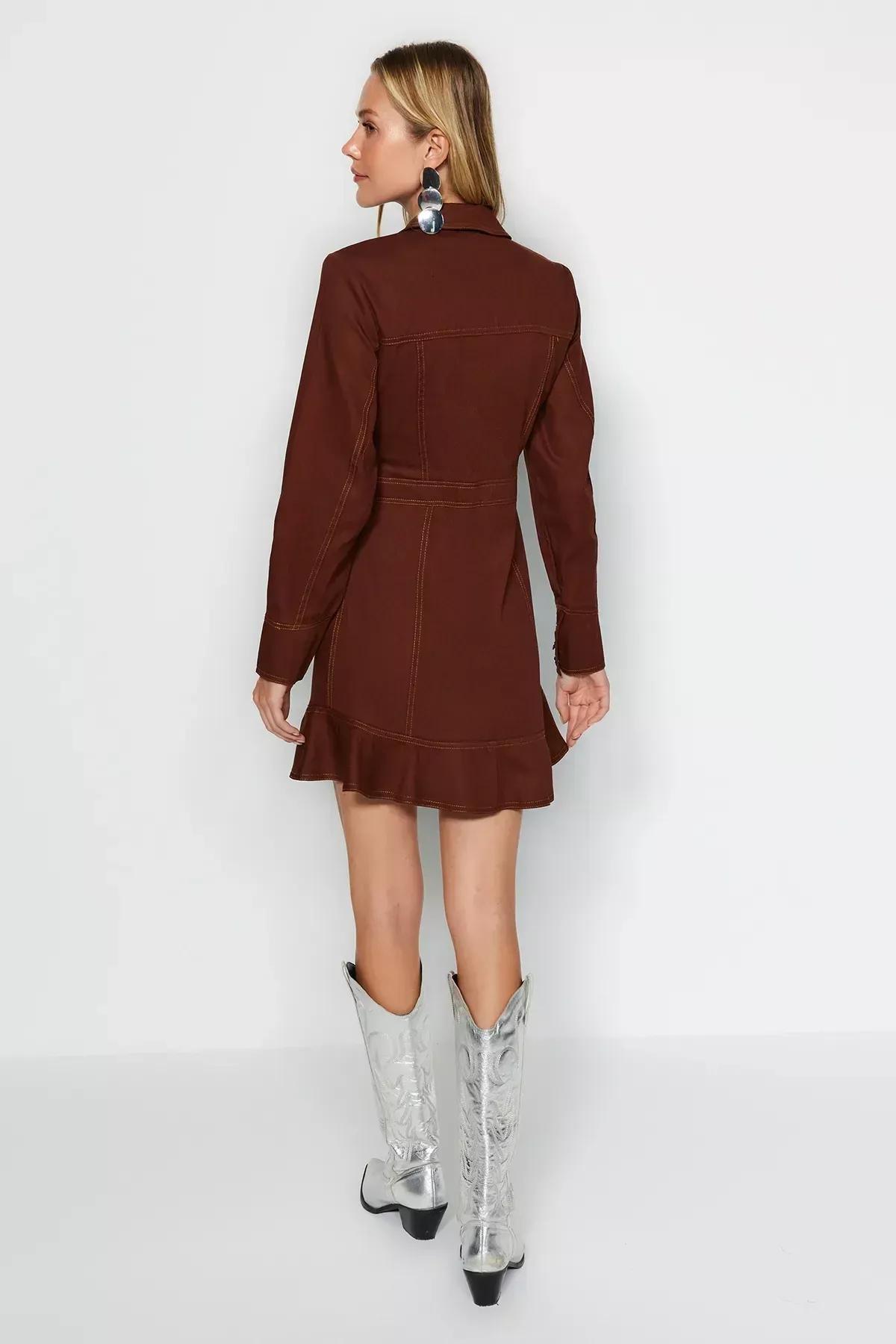 فستان منسوج بتصميم قميص مزود بأزرار، بني, Brown, large image number 4