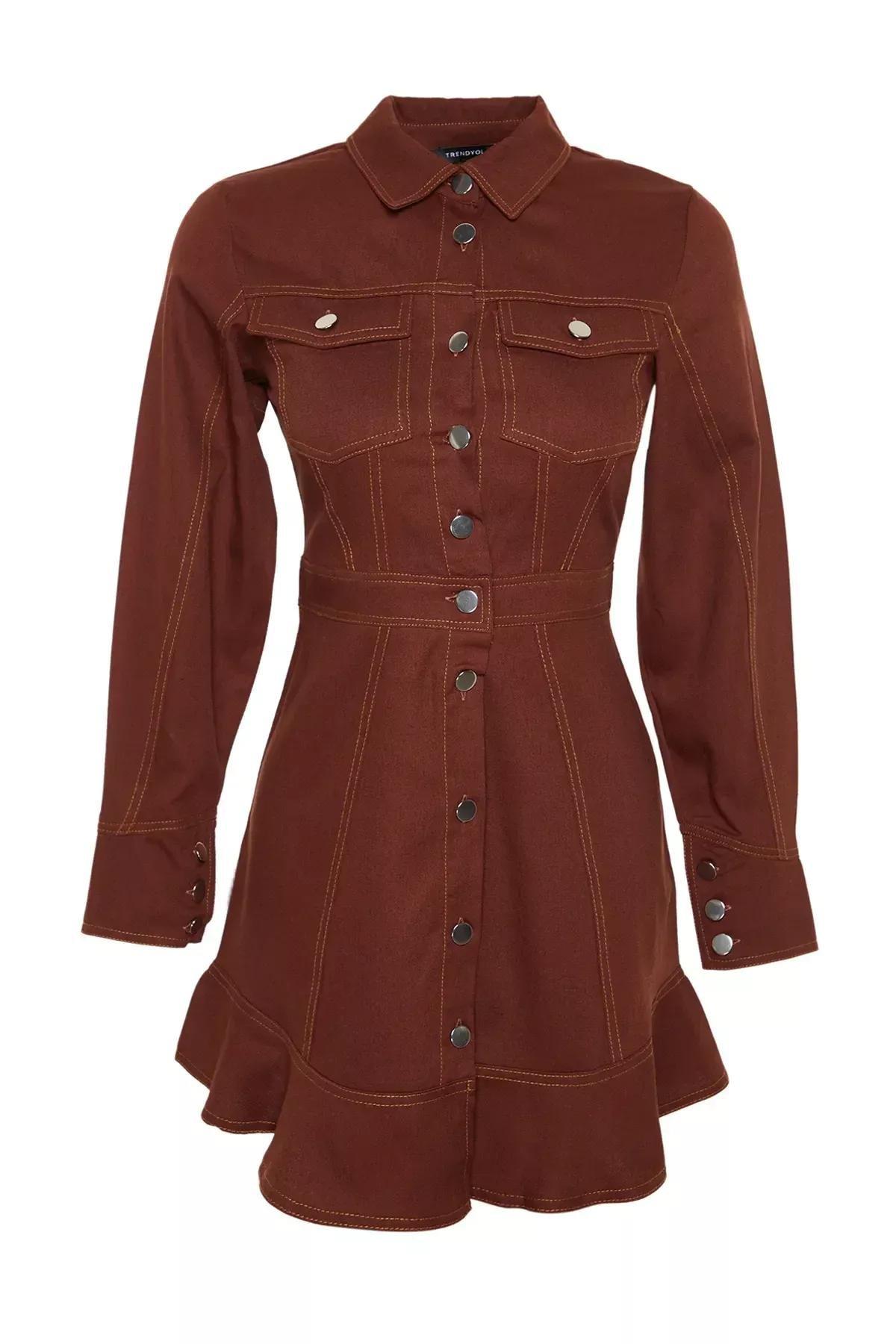 فستان منسوج بتصميم قميص مزود بأزرار، بني, Brown, large image number 5